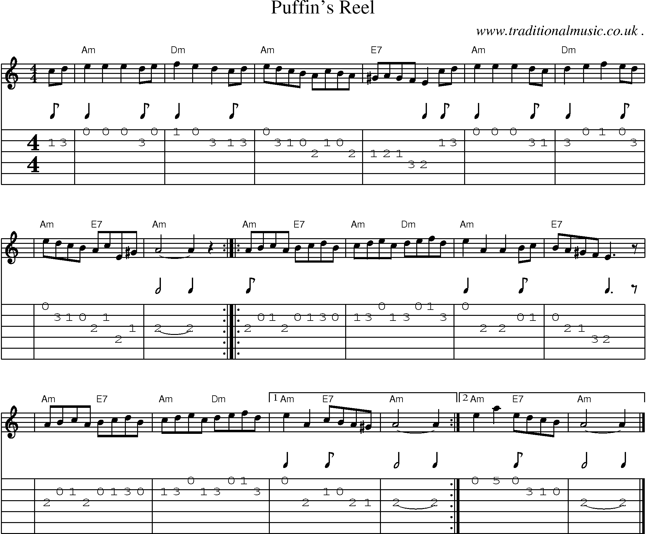 Sheet-music  score, Chords and Guitar Tabs for Puffins Reel