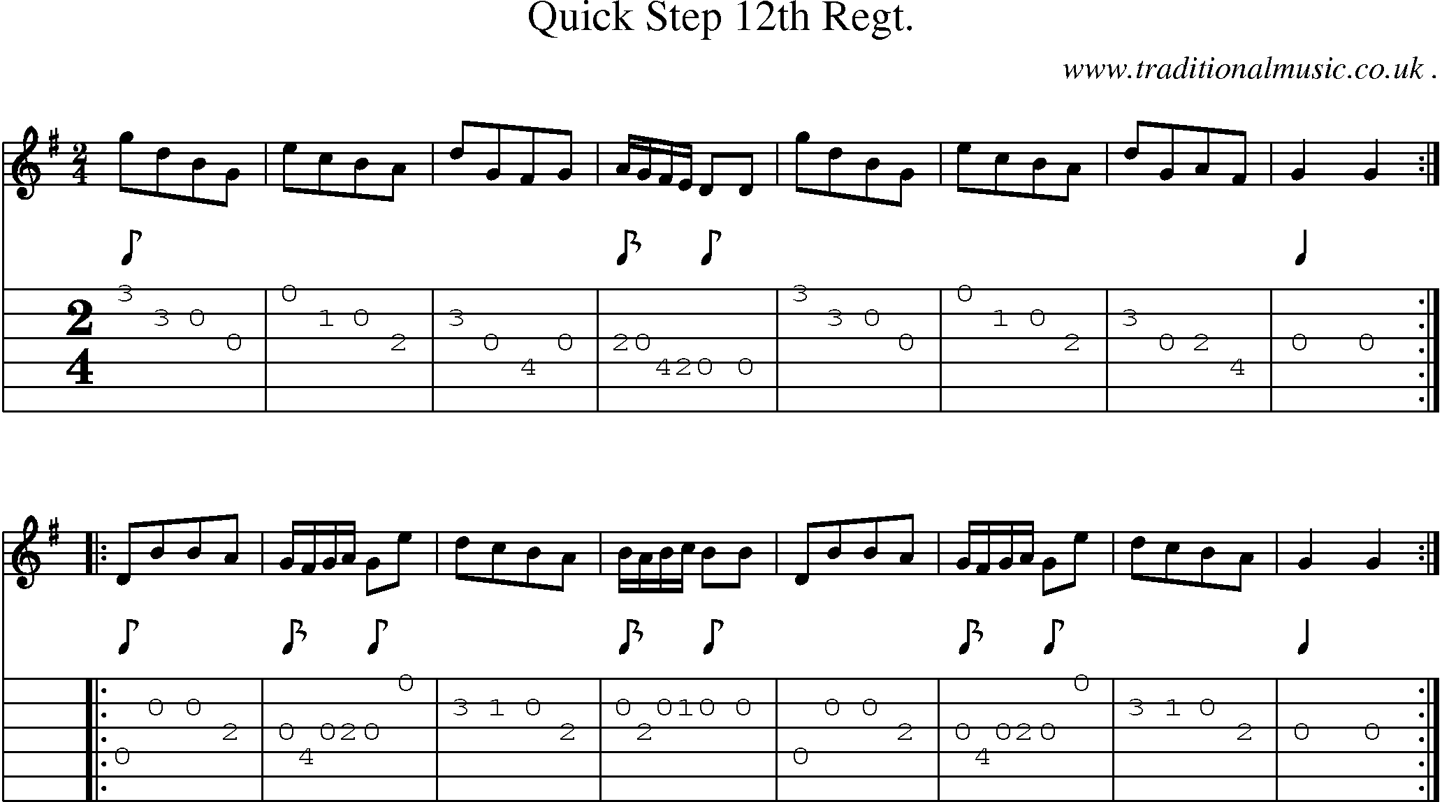 Sheet-music  score, Chords and Guitar Tabs for Quick Step 12th Regt