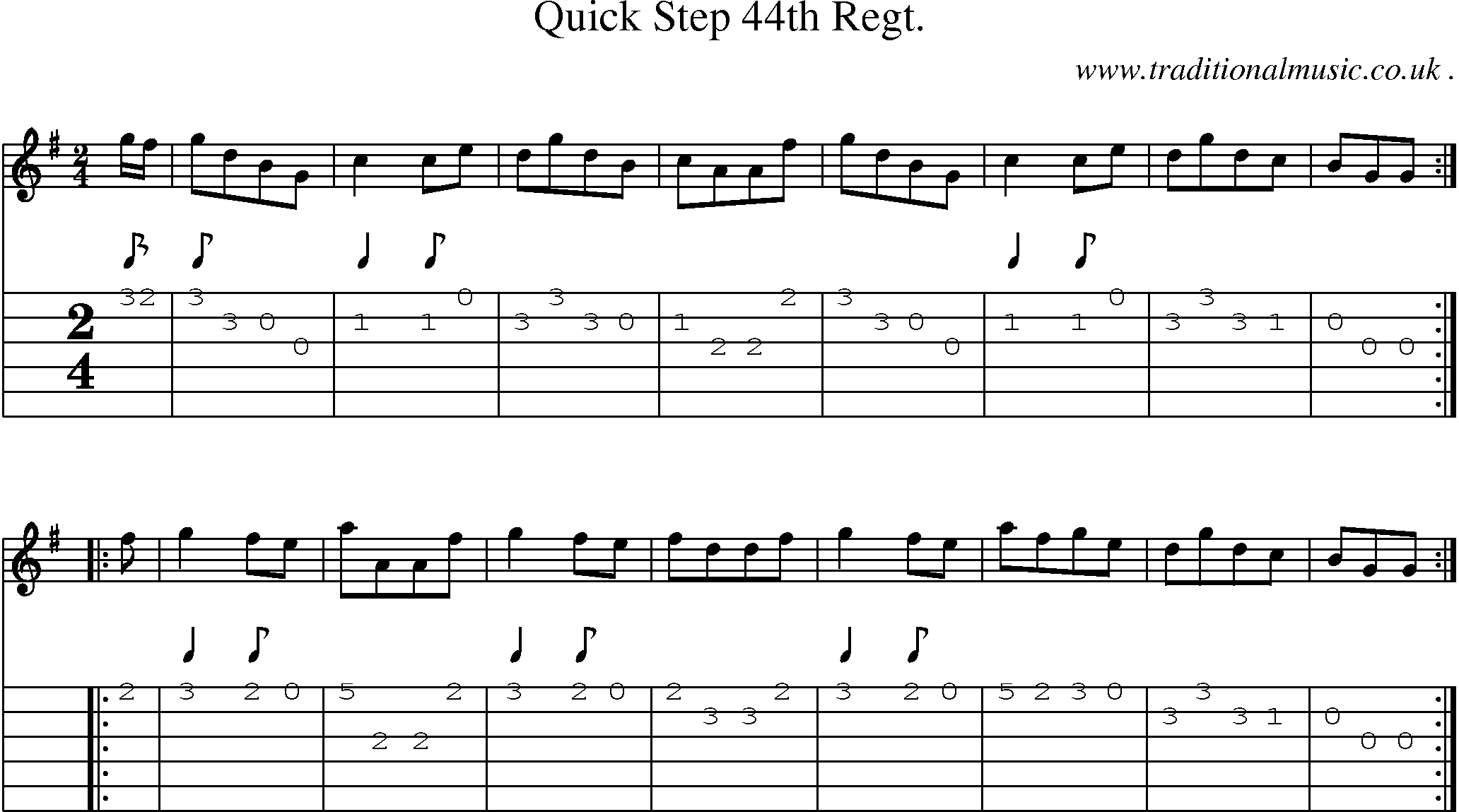 Sheet-music  score, Chords and Guitar Tabs for Quick Step 44th Regt