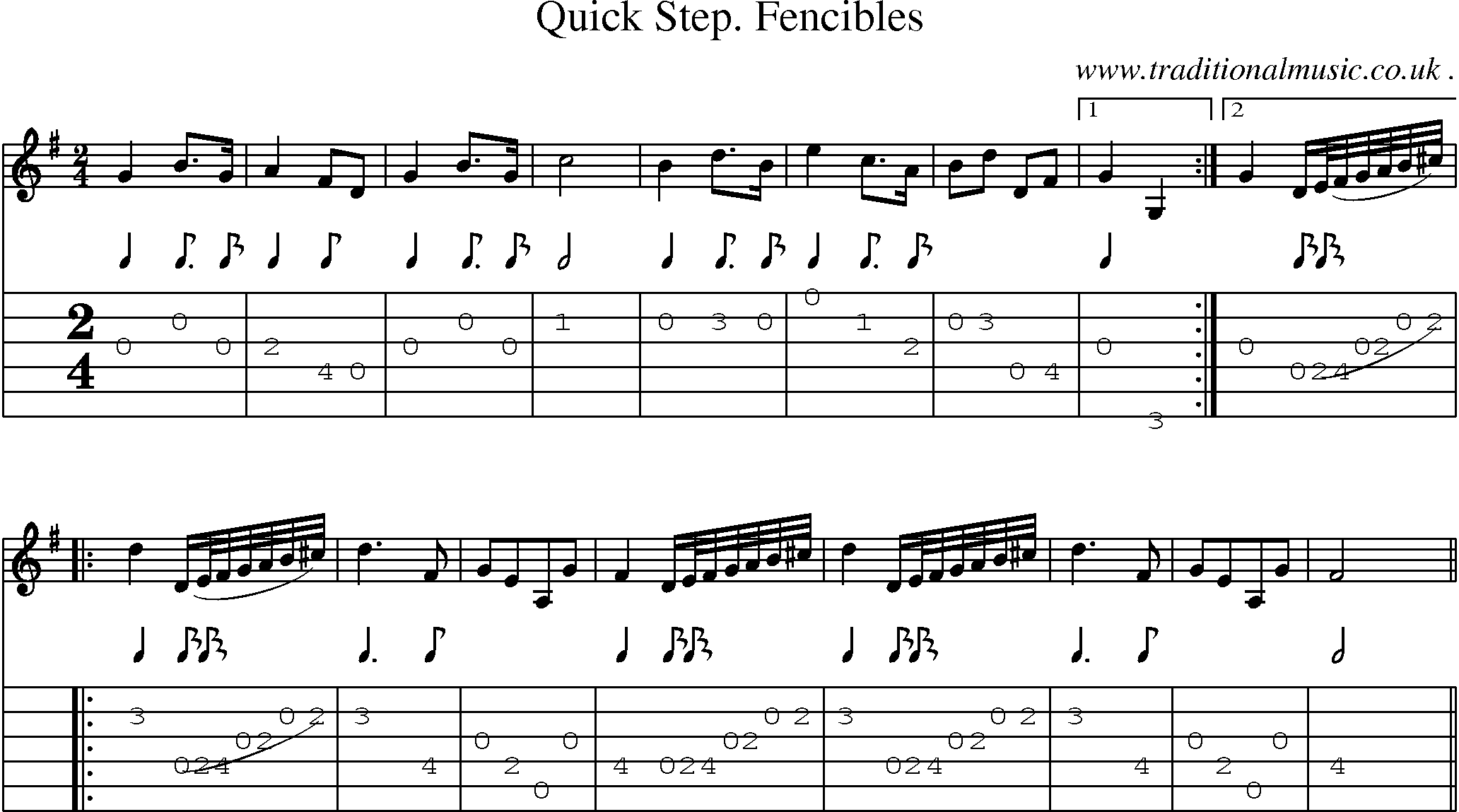 Sheet-music  score, Chords and Guitar Tabs for Quick Step Fencibles