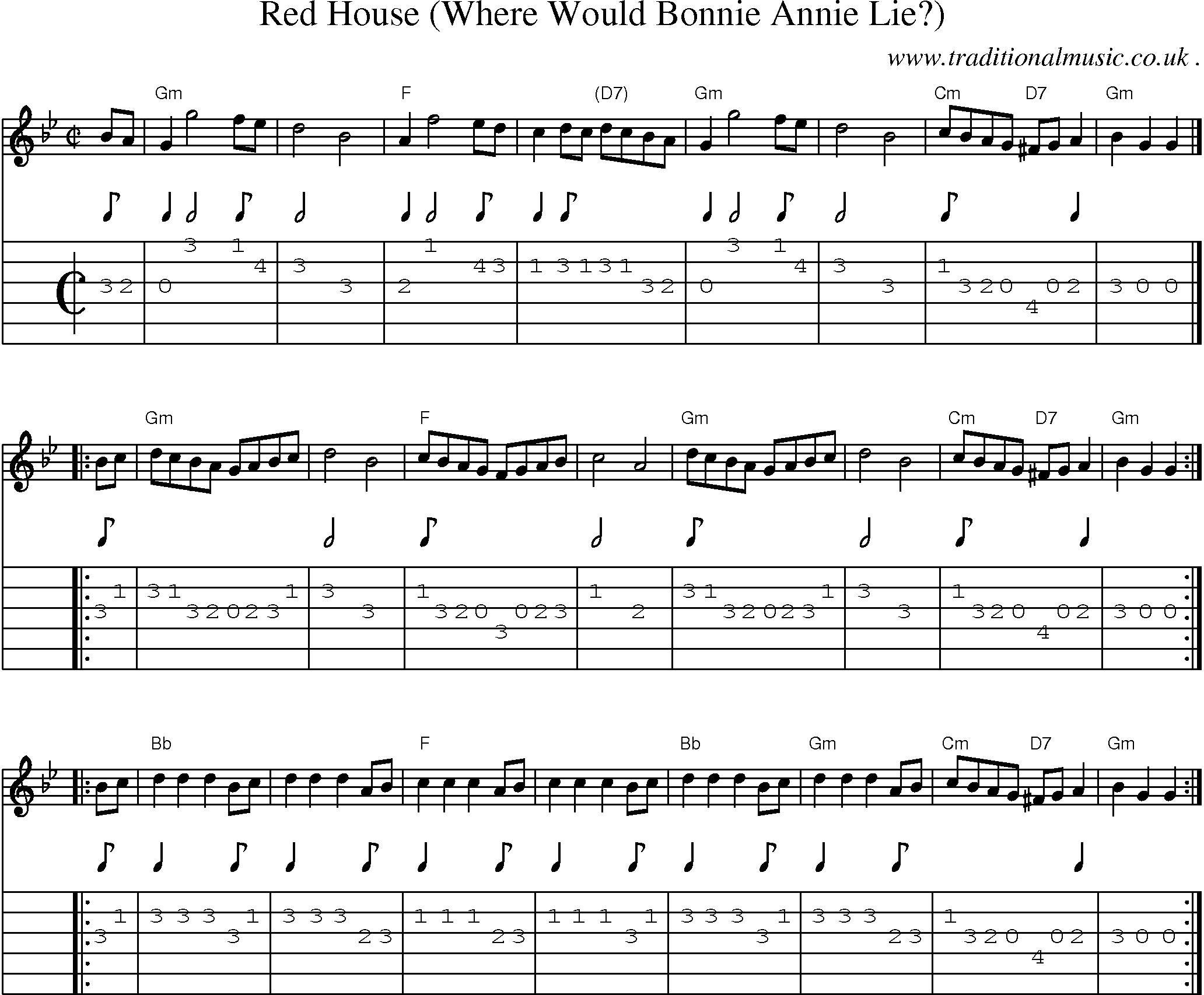 Sheet-music  score, Chords and Guitar Tabs for Red House Where Would Bonnie Annie Lie