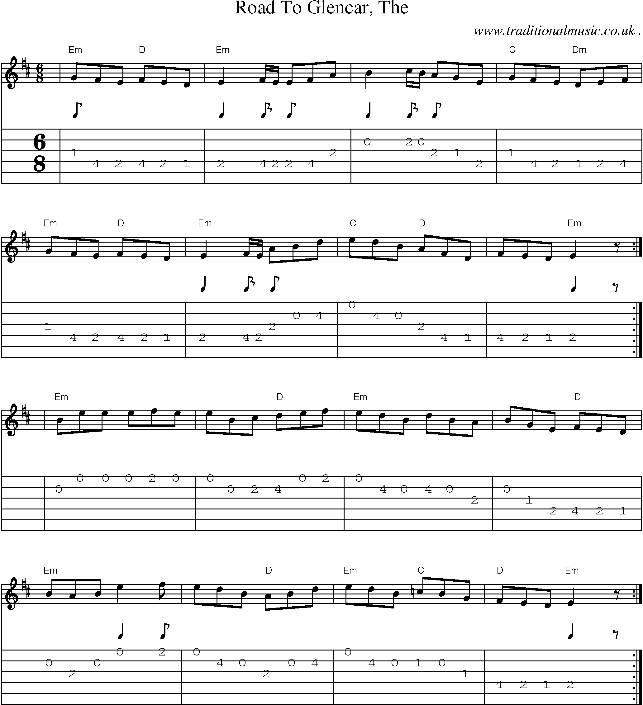 Sheet-music  score, Chords and Guitar Tabs for Road To Glencar The