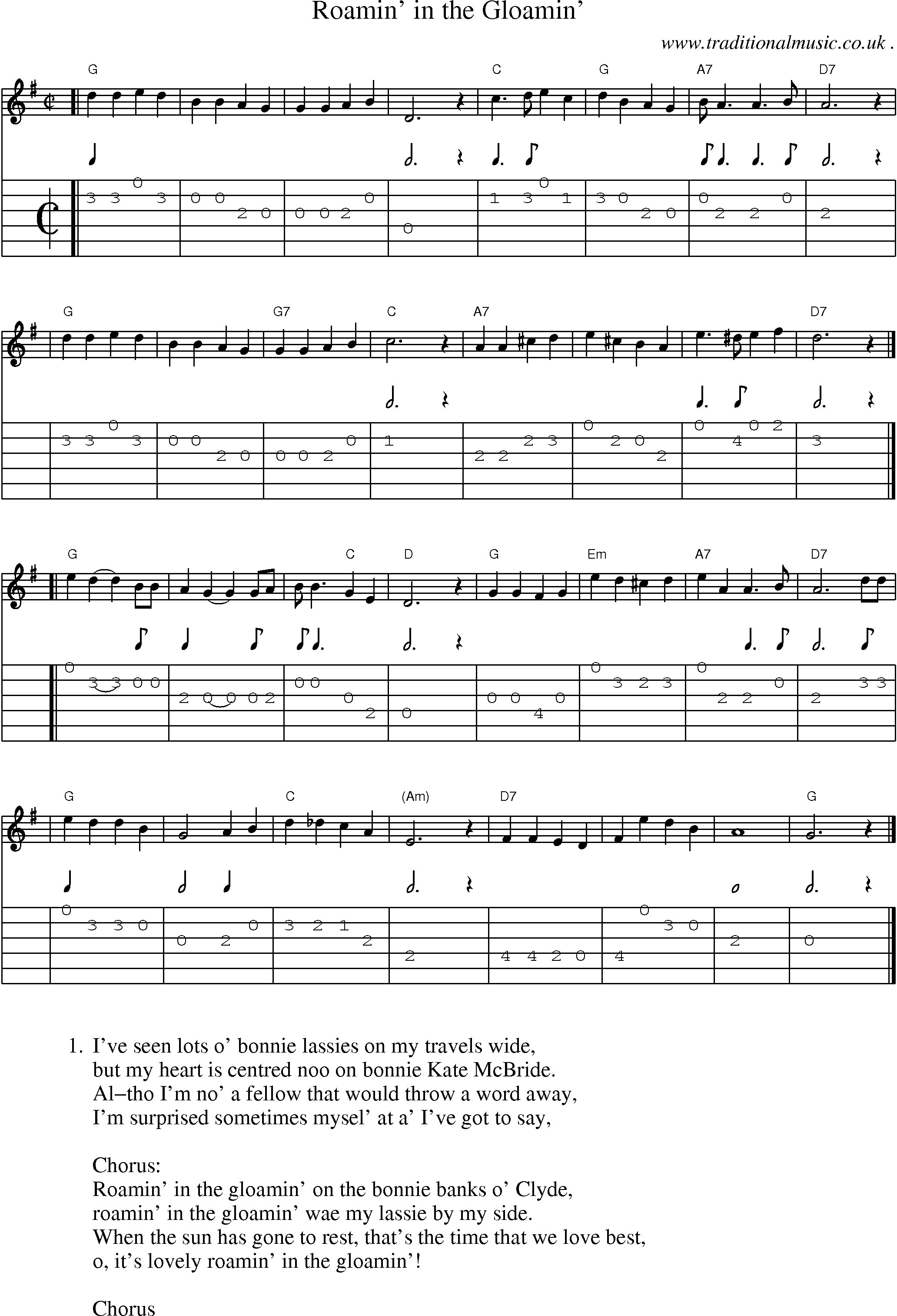 Sheet-music  score, Chords and Guitar Tabs for Roamin In The Gloamin