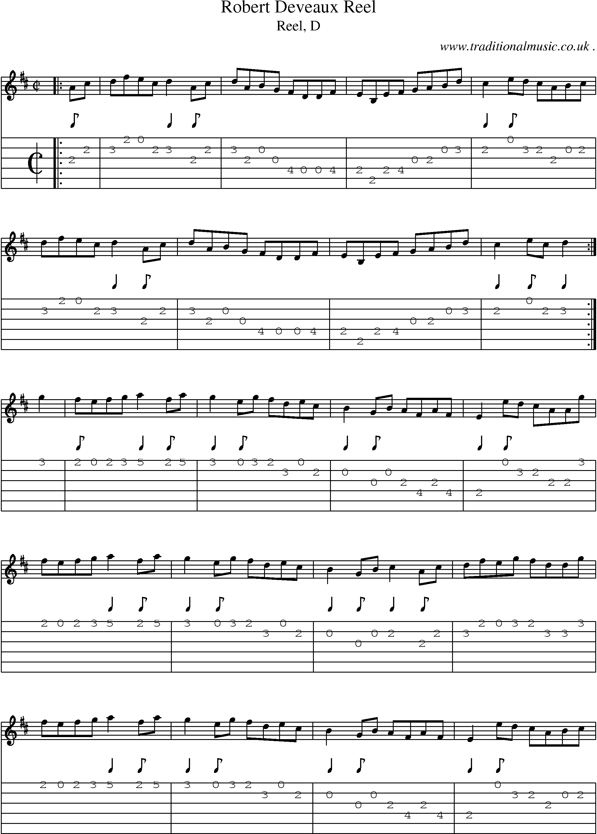Sheet-music  score, Chords and Guitar Tabs for Robert Deveaux Reel