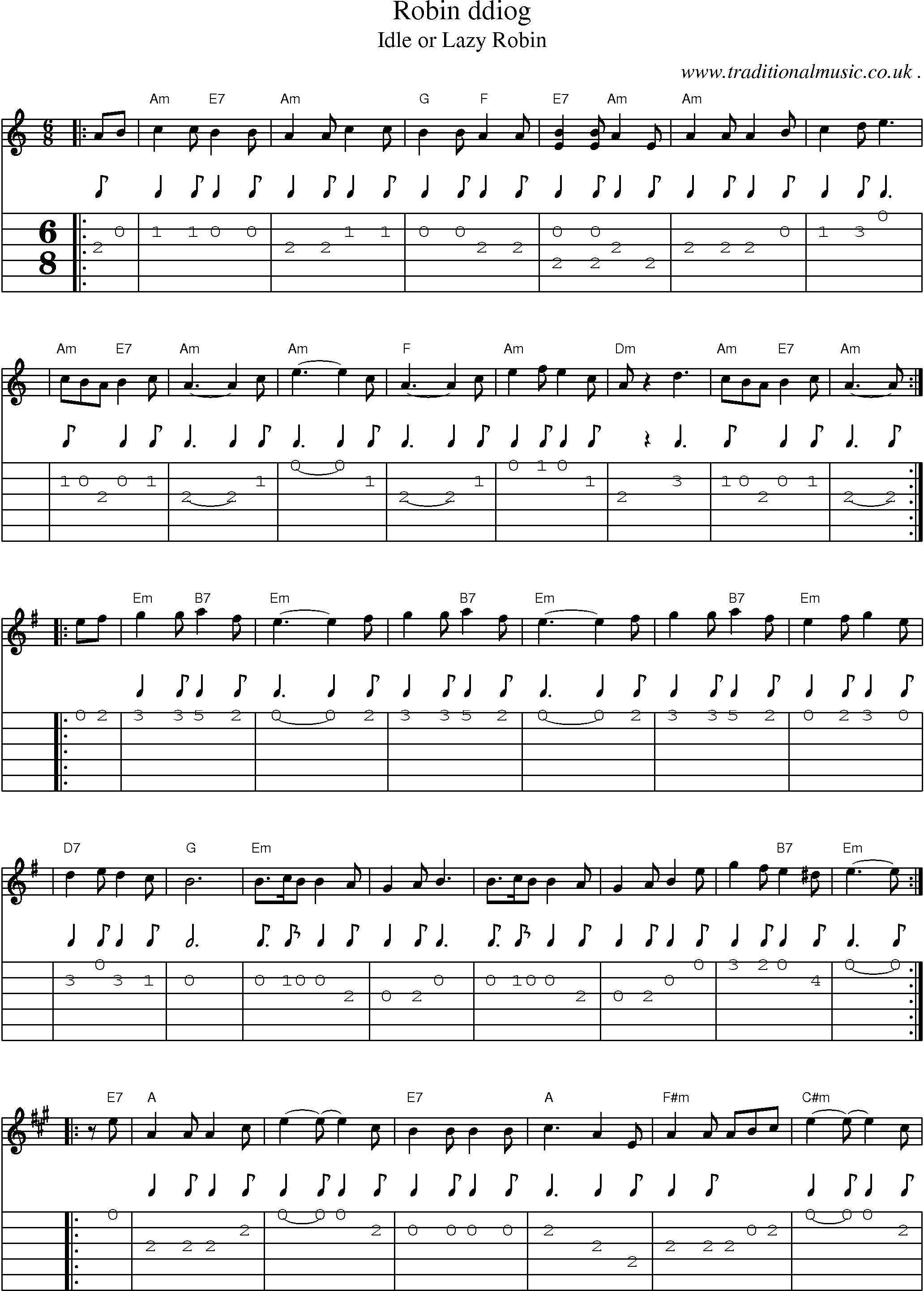 Sheet-music  score, Chords and Guitar Tabs for Robin Ddiog