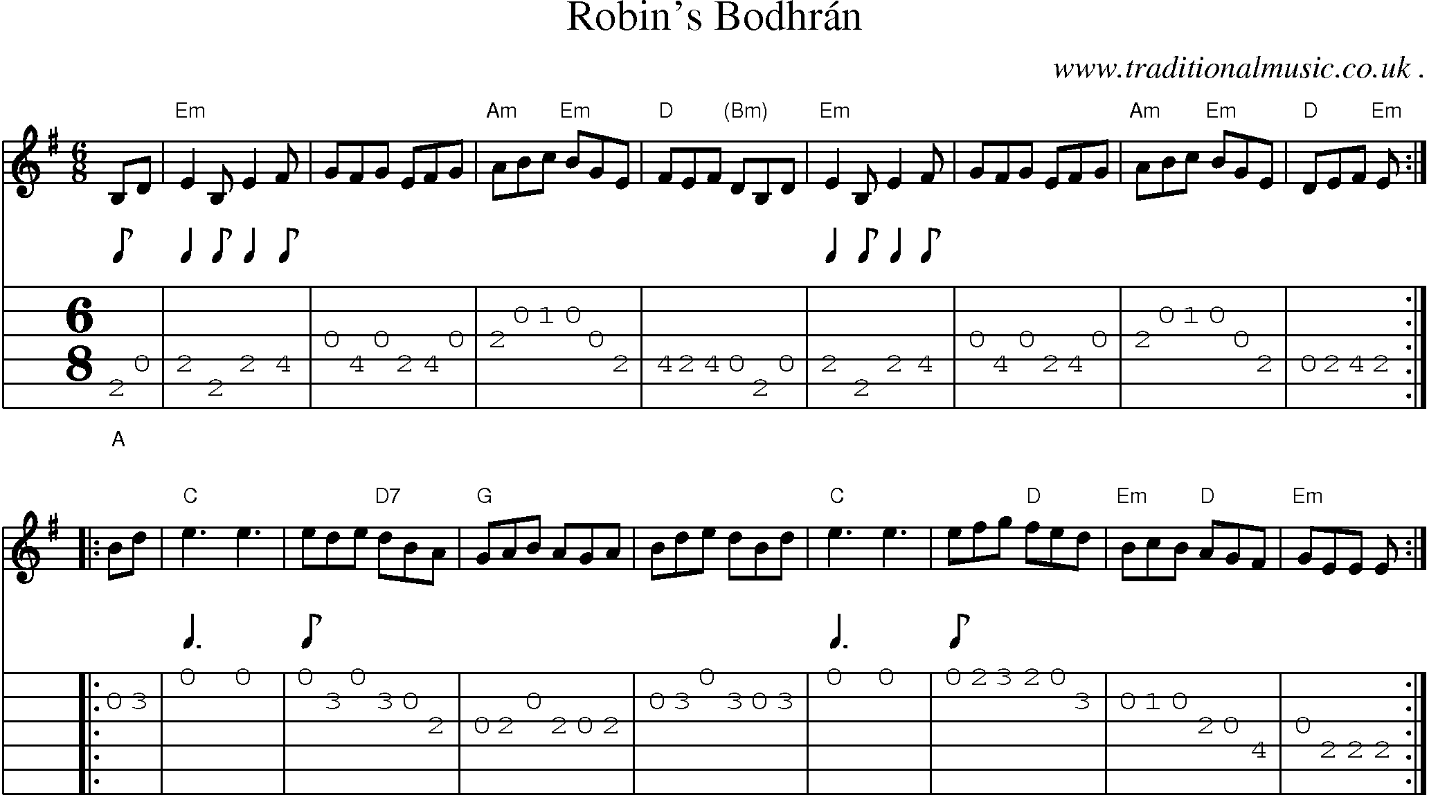 Sheet-music  score, Chords and Guitar Tabs for Robins Bodhran