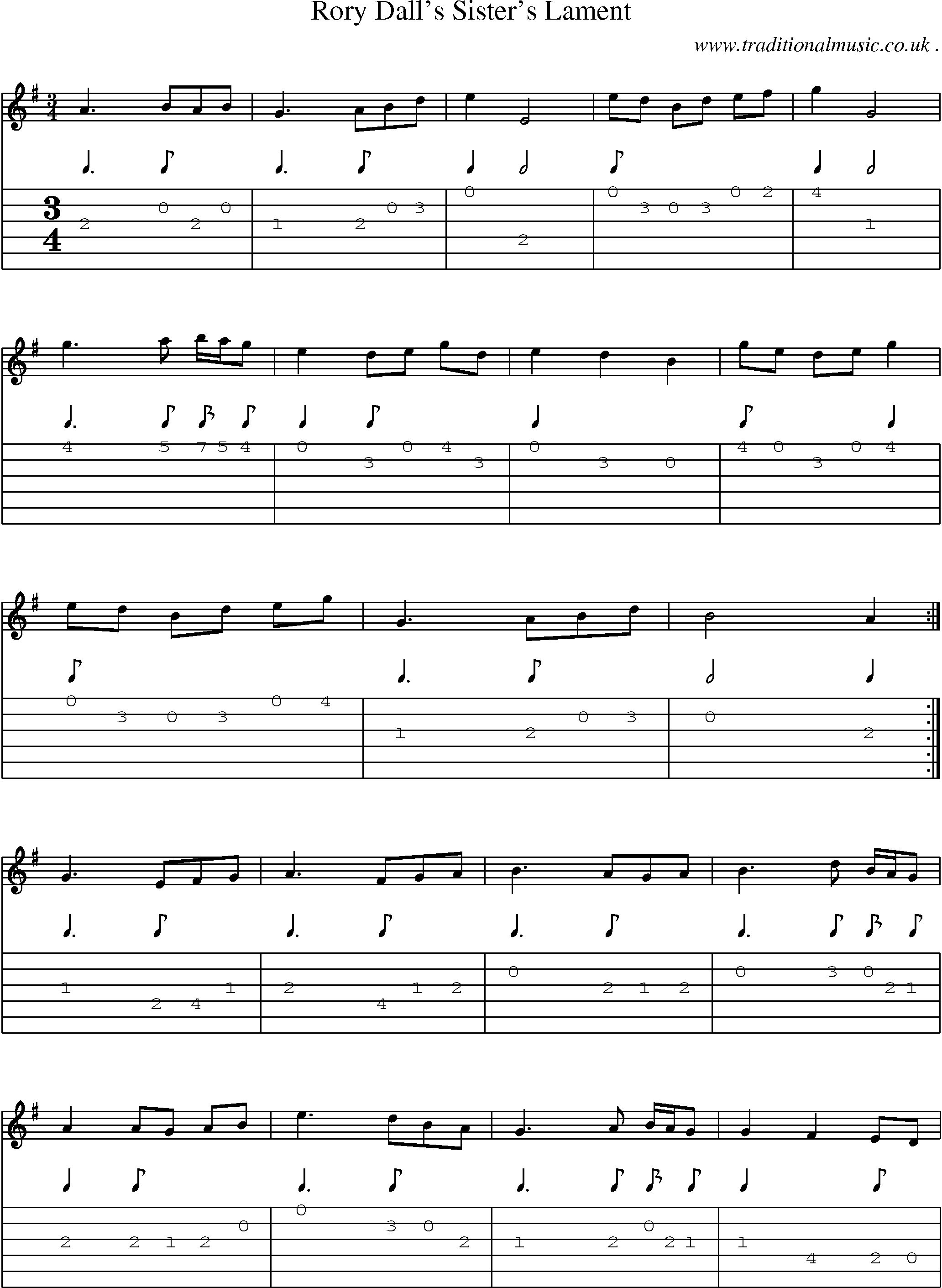 Sheet-music  score, Chords and Guitar Tabs for Rory Dalls Sisters Lament