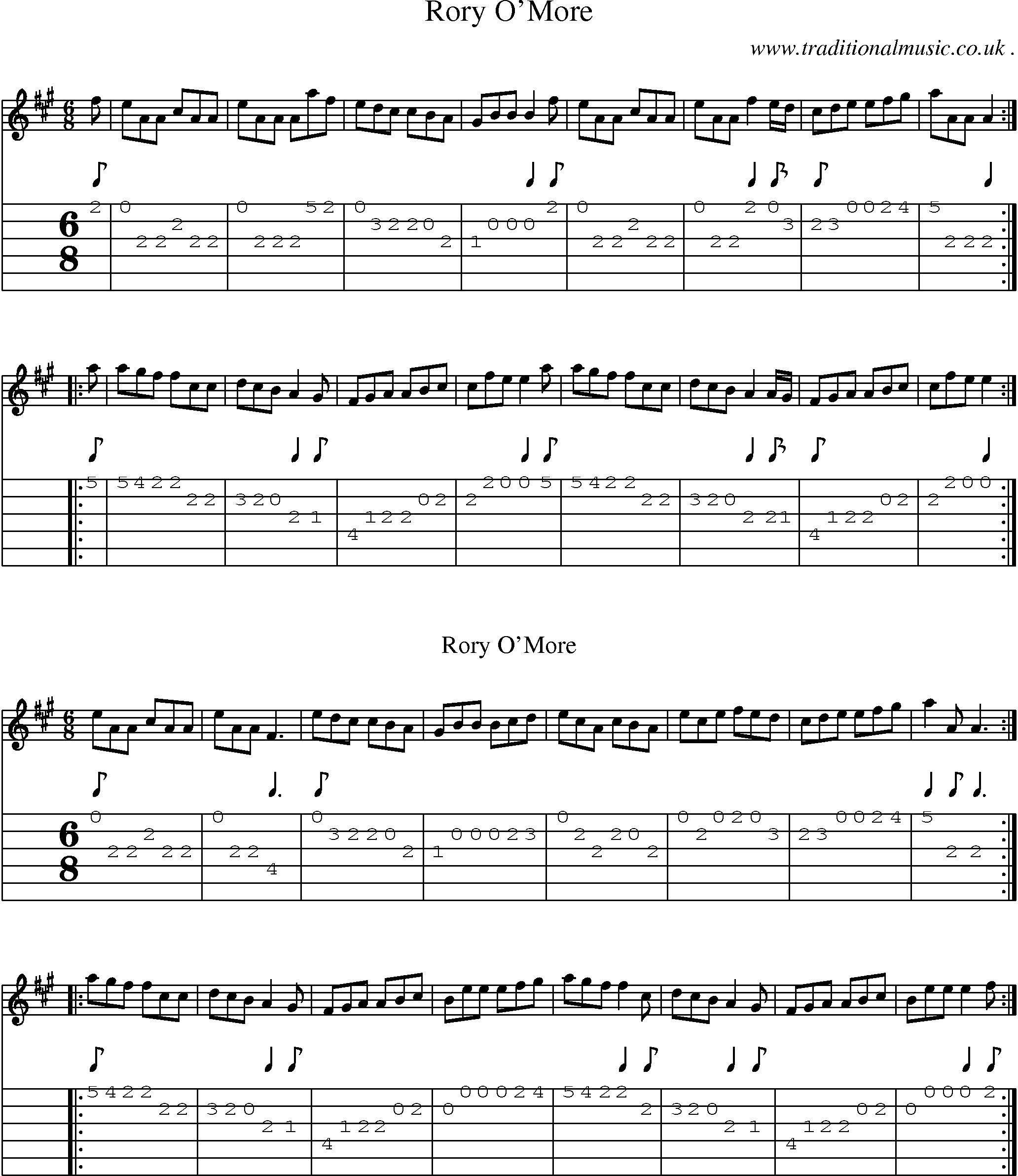 Sheet-music  score, Chords and Guitar Tabs for Rory Omore