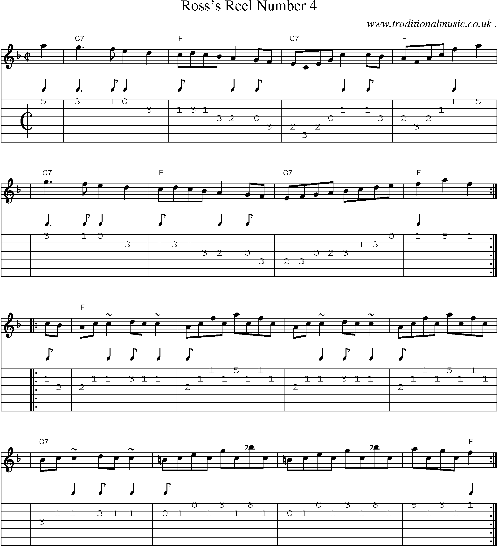 Sheet-music  score, Chords and Guitar Tabs for Rosss Reel Number 4