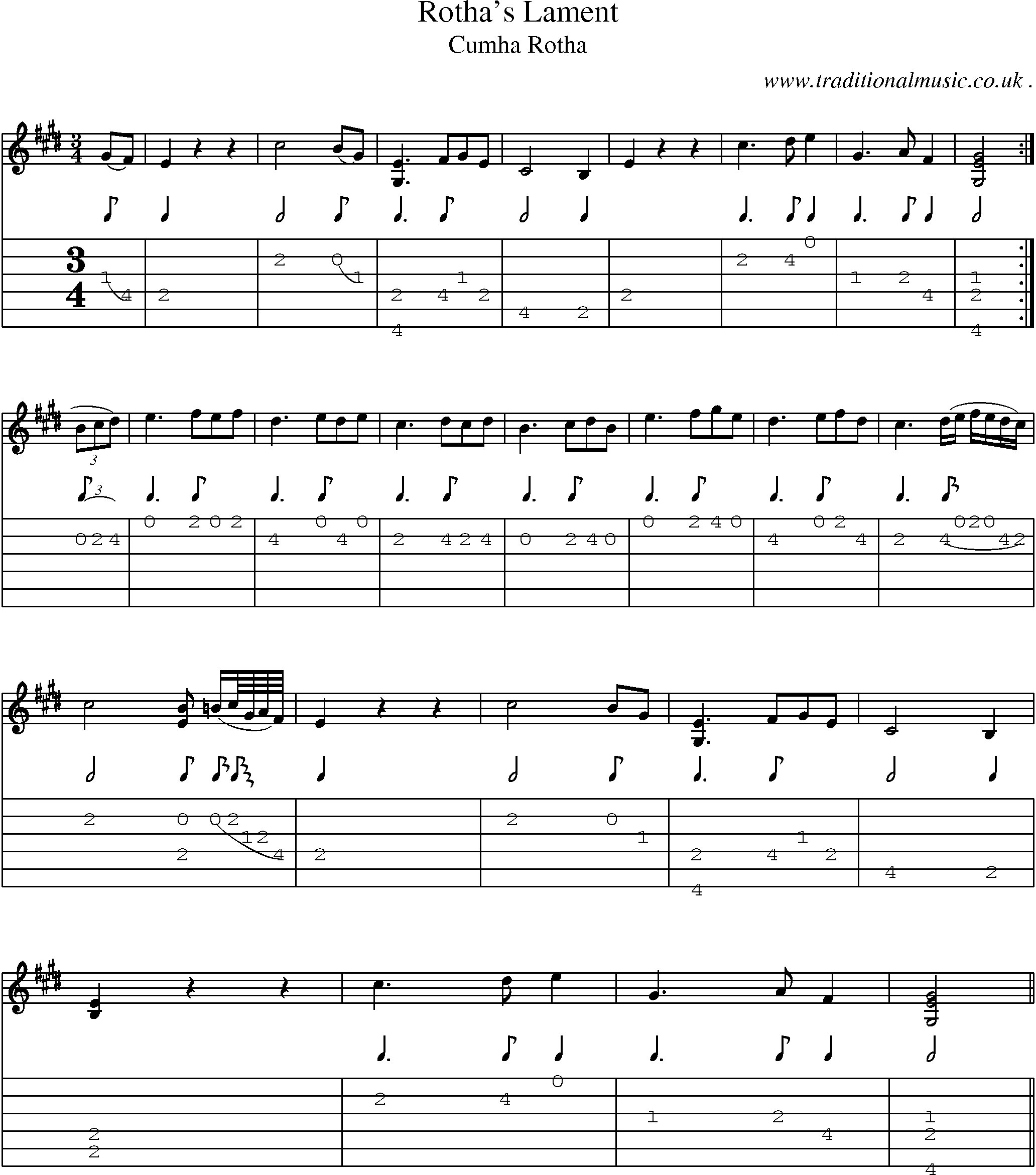 Sheet-music  score, Chords and Guitar Tabs for Rothas Lament