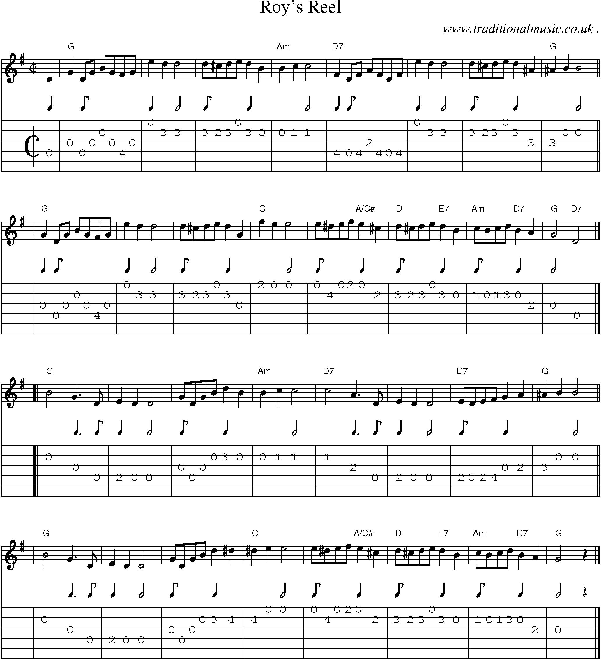 Sheet-music  score, Chords and Guitar Tabs for Roys Reel