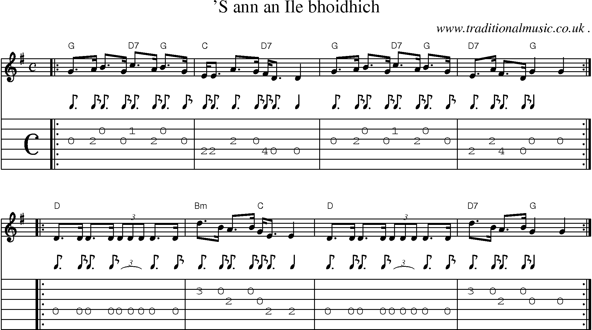 Sheet-music  score, Chords and Guitar Tabs for S Ann An Ile Bhoidhich