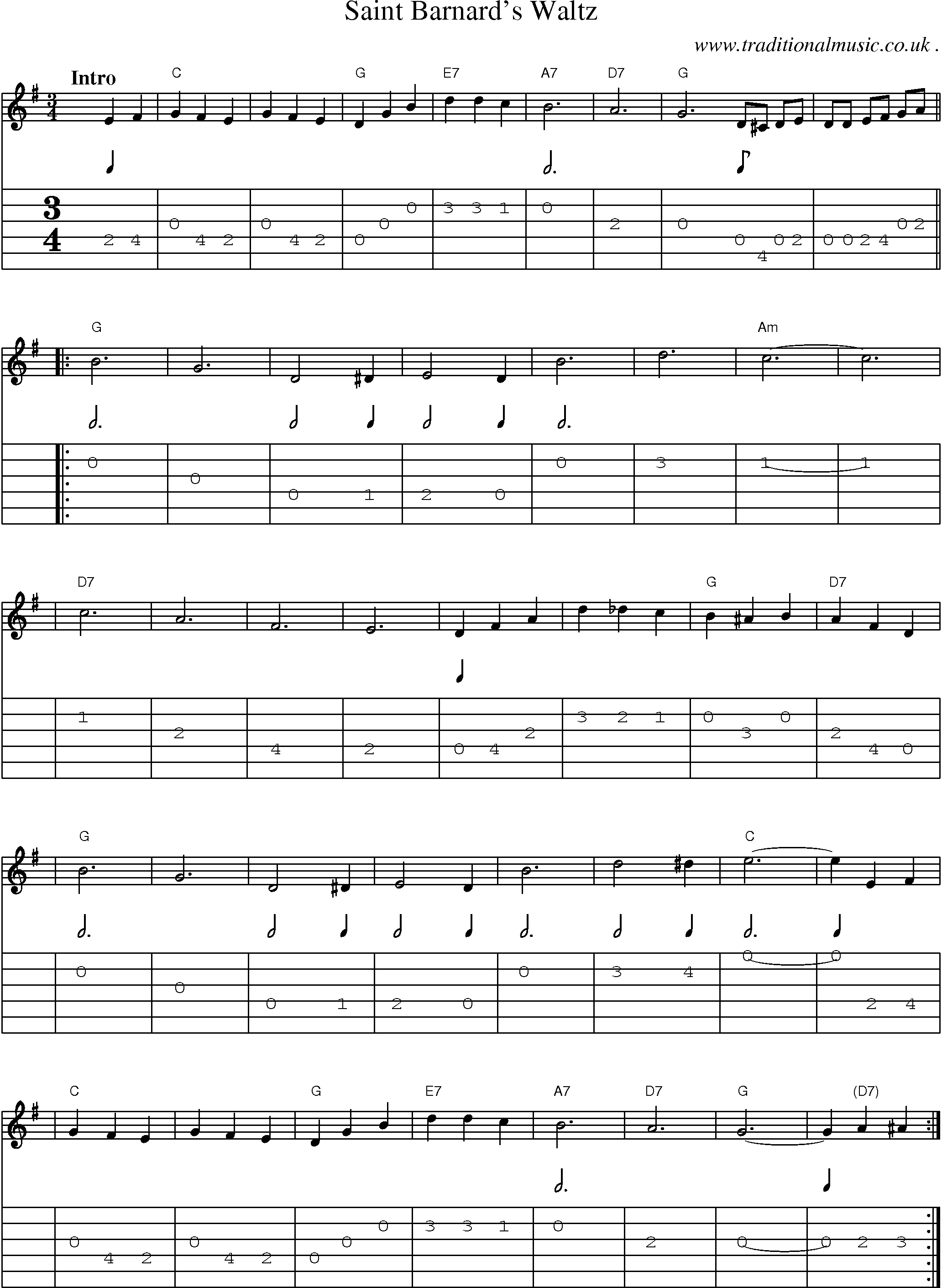 Sheet-music  score, Chords and Guitar Tabs for Saint Barnards Waltz