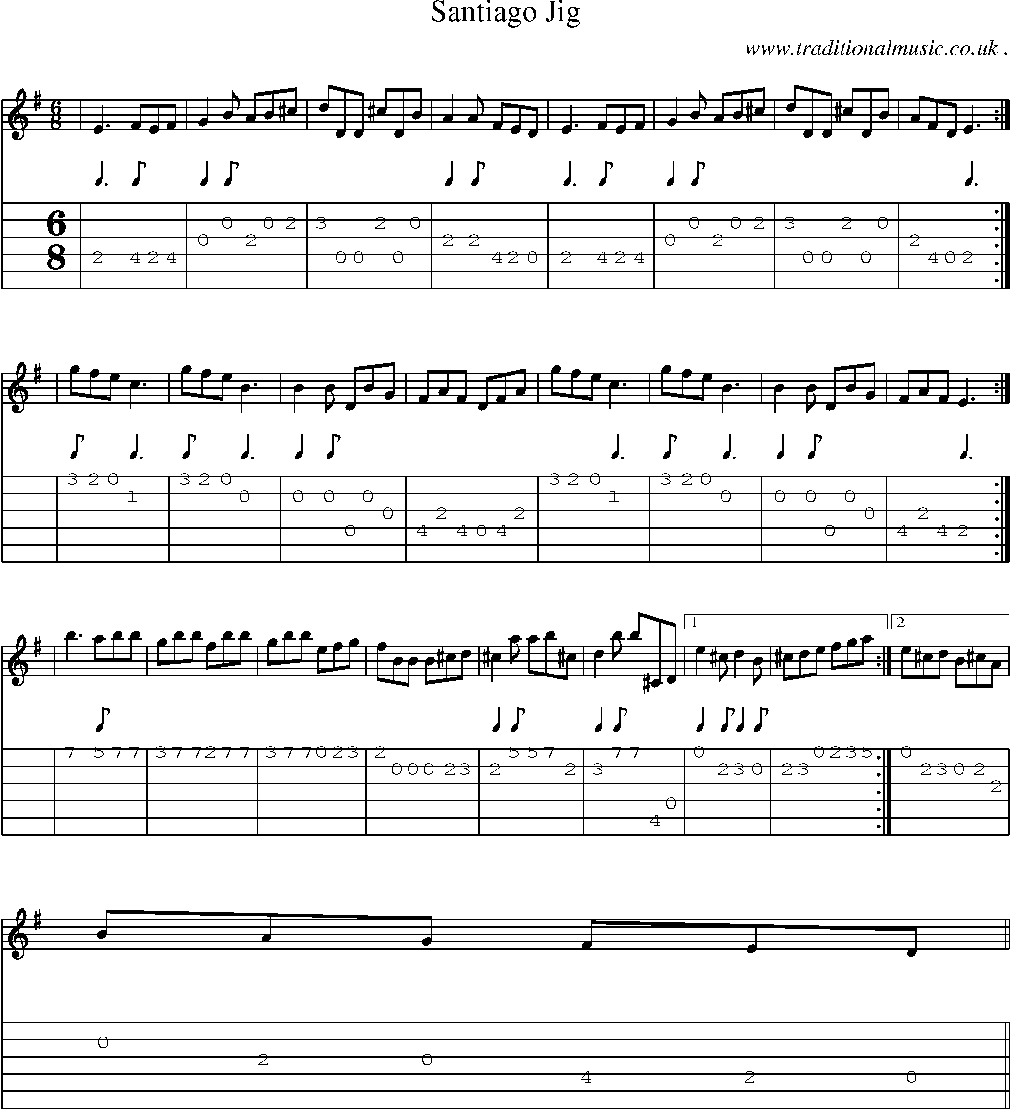 Sheet-music  score, Chords and Guitar Tabs for Santiago Jig
