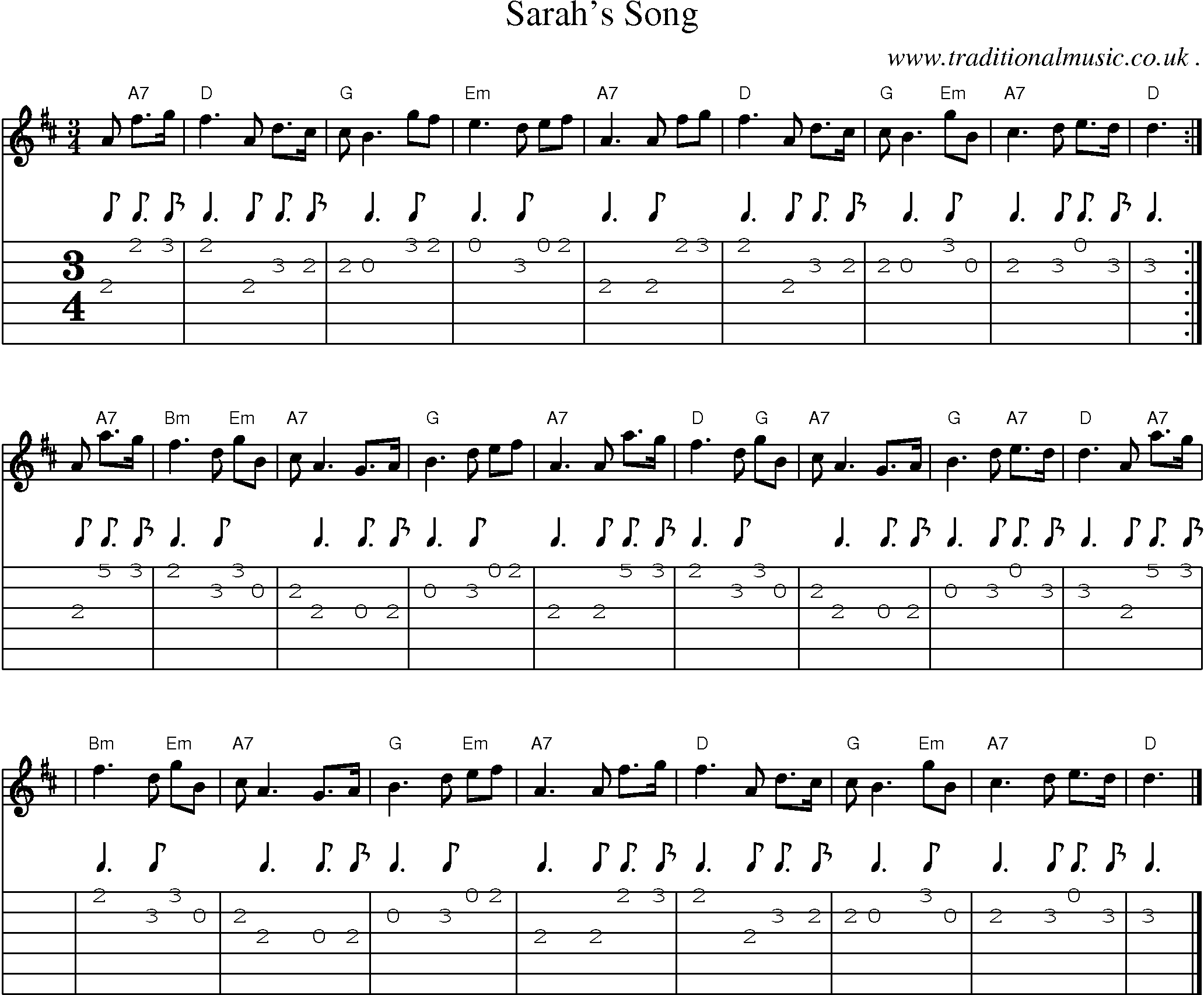Sheet-music  score, Chords and Guitar Tabs for Sarahs Song