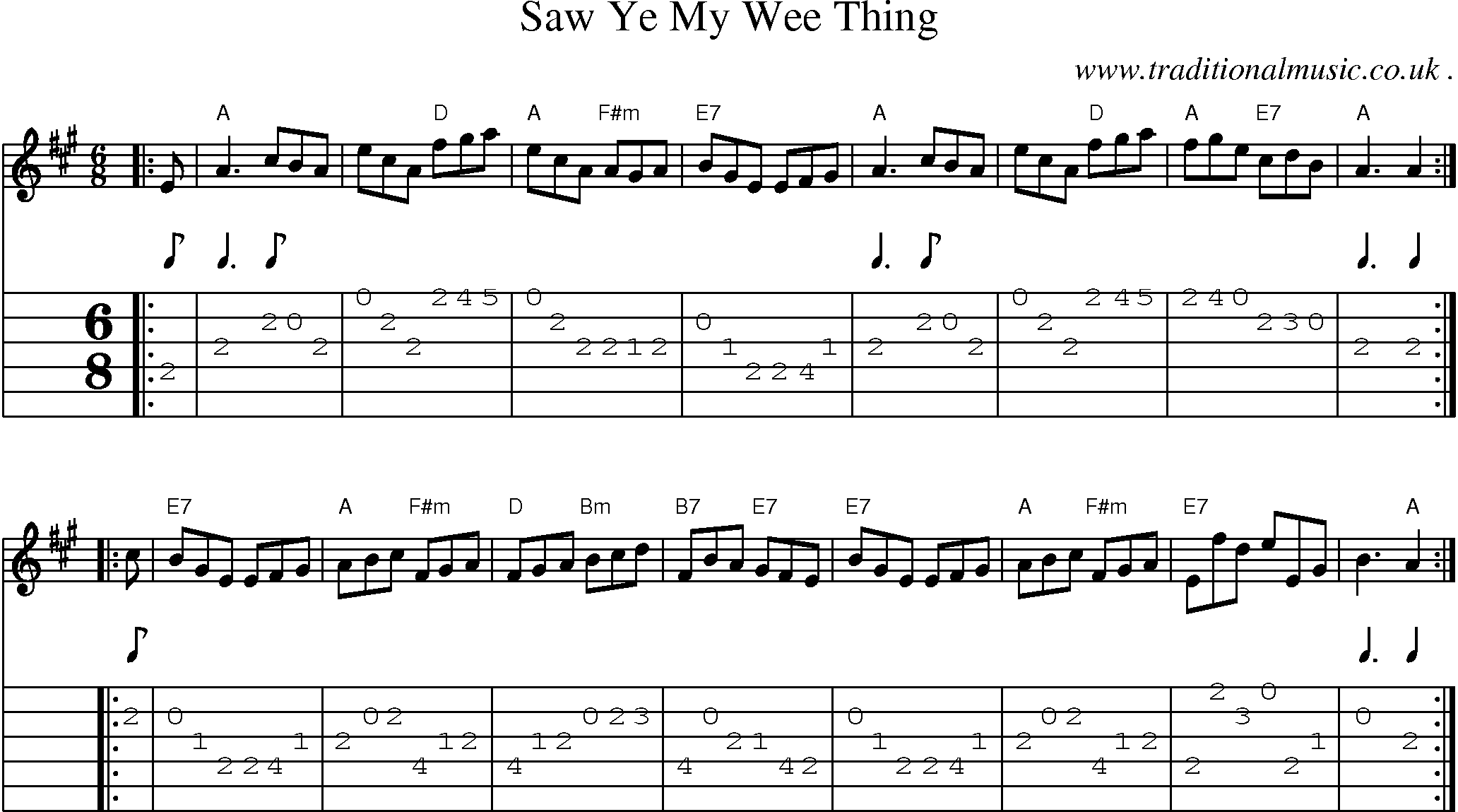 Sheet-music  score, Chords and Guitar Tabs for Saw Ye My Wee Thing