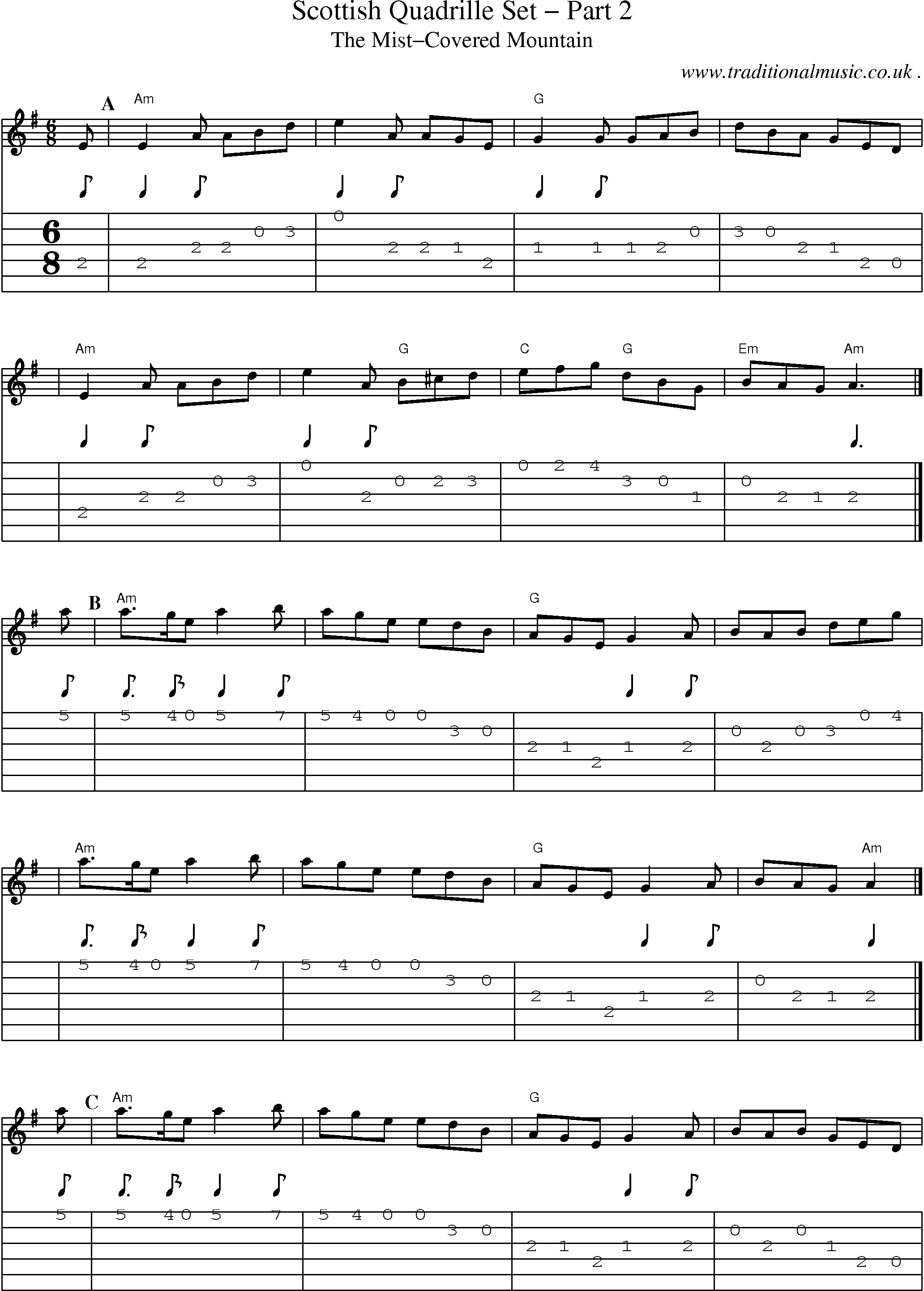 Sheet-music  score, Chords and Guitar Tabs for Scottish Quadrille Set Part 2