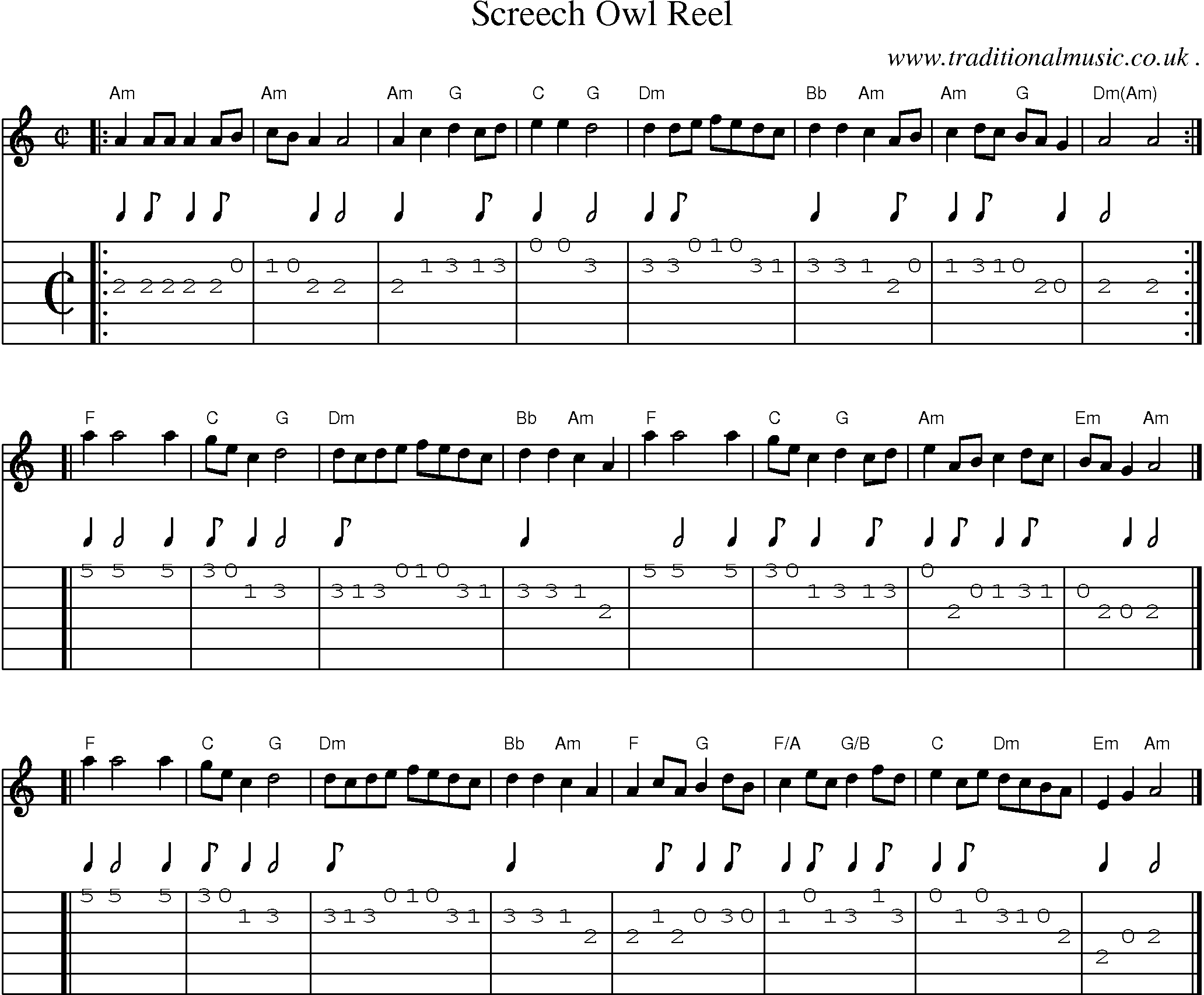 Sheet-music  score, Chords and Guitar Tabs for Screech Owl Reel