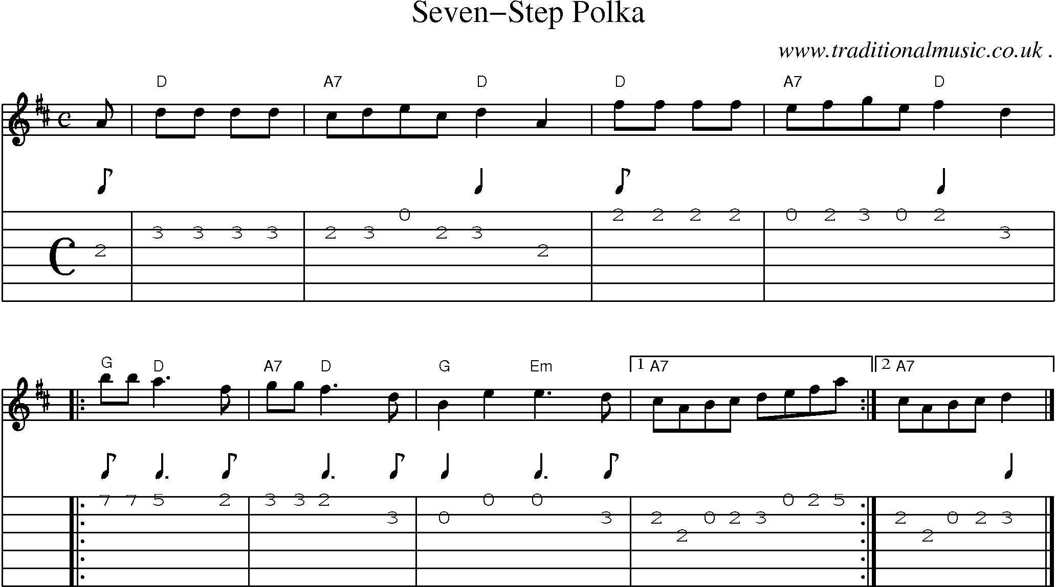 Sheet-music  score, Chords and Guitar Tabs for Seven-step Polka