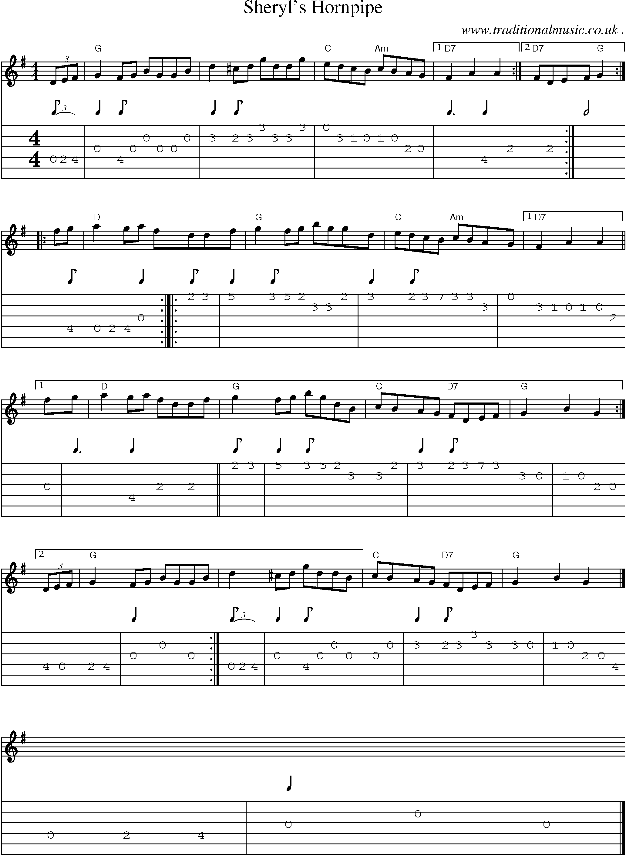 Sheet-music  score, Chords and Guitar Tabs for Sheryls Hornpipe