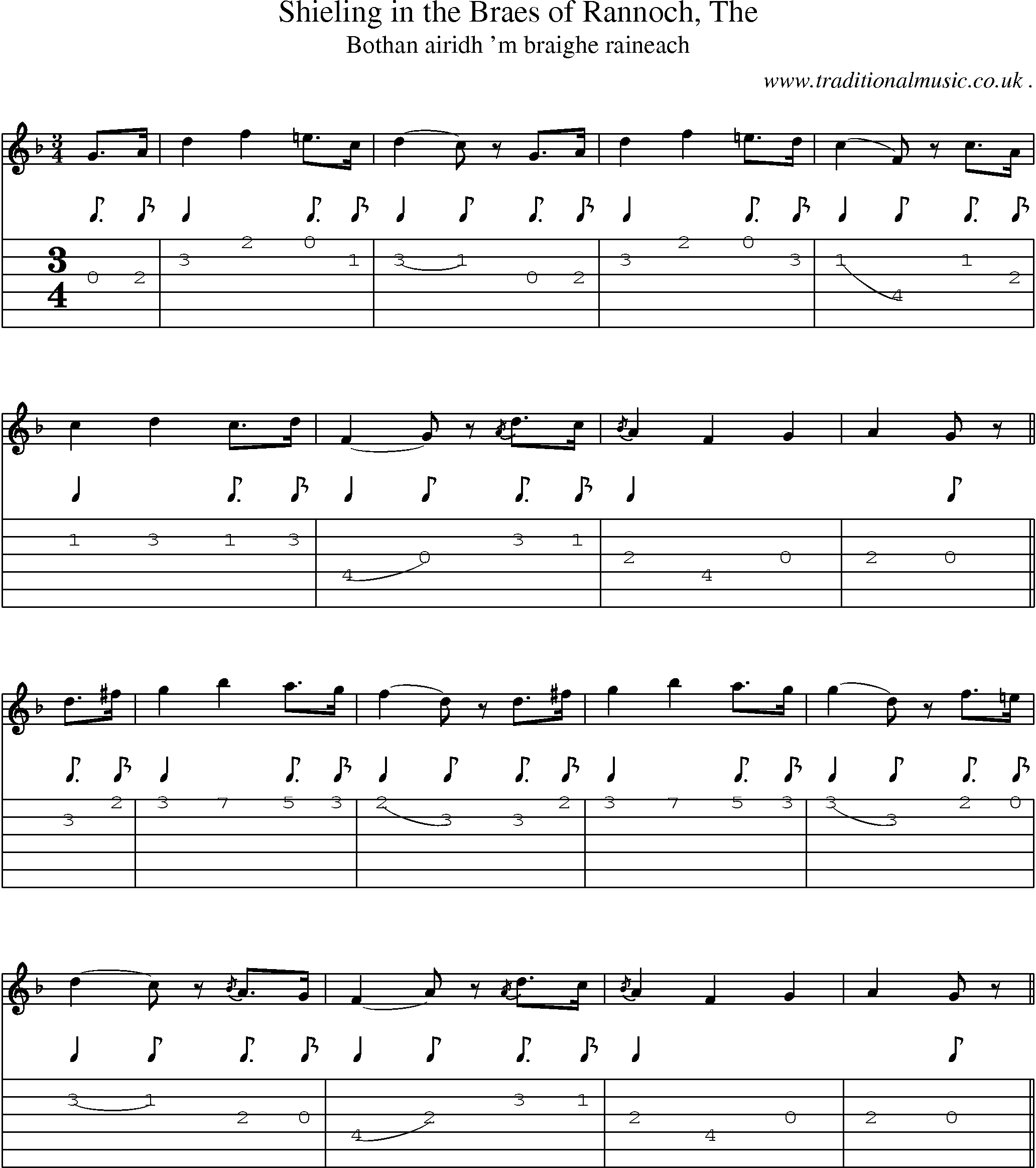 Sheet-music  score, Chords and Guitar Tabs for Shieling In The Braes Of Rannoch The