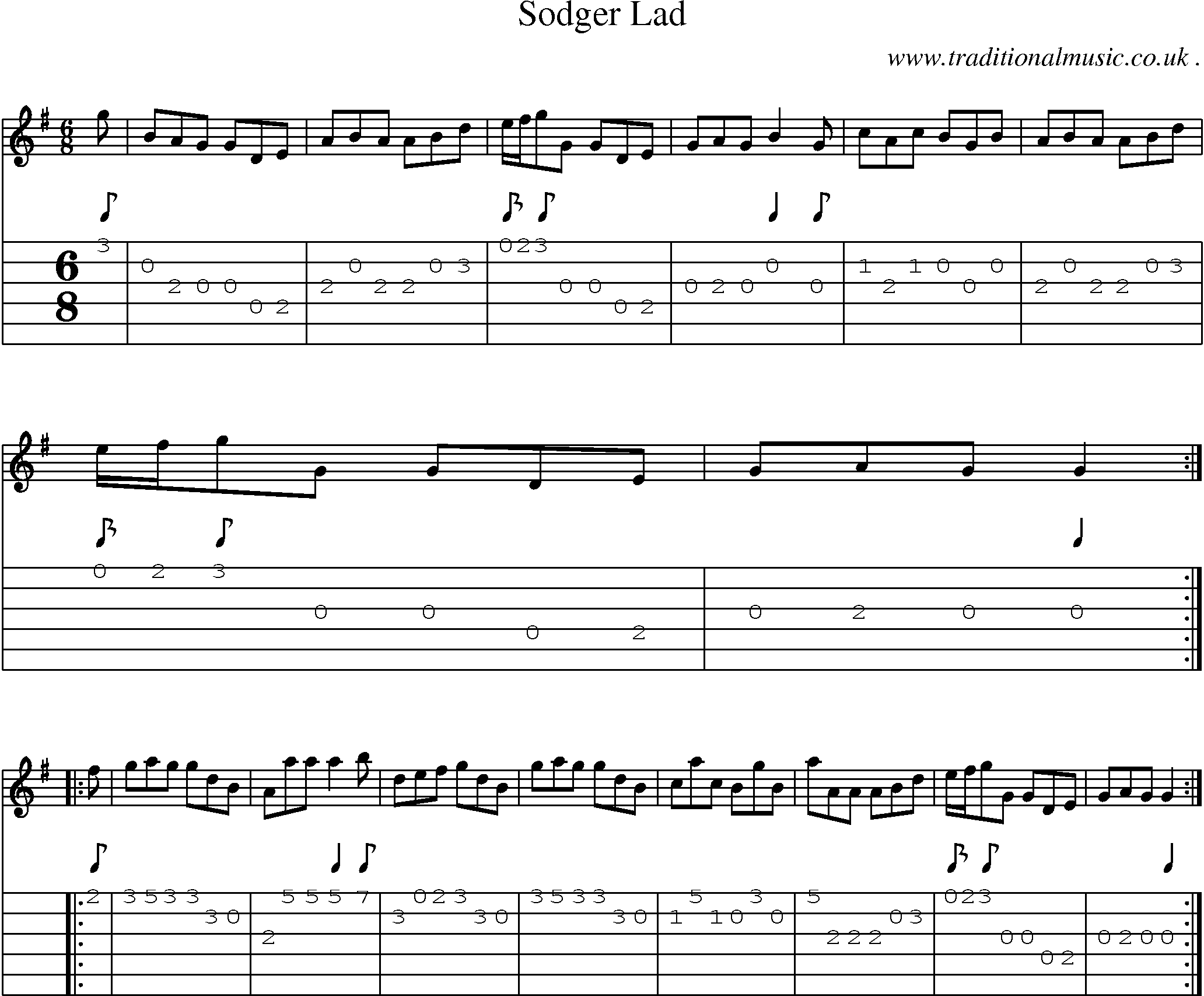 Sheet-music  score, Chords and Guitar Tabs for Sodger Lad