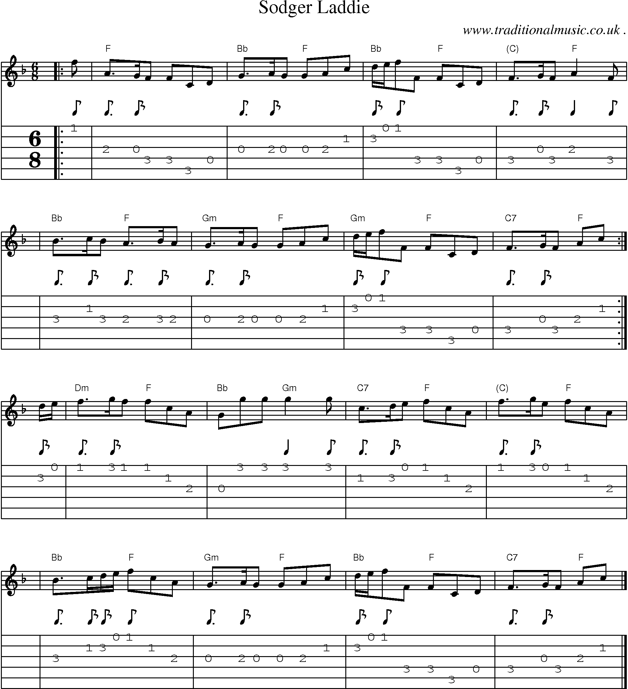 Sheet-music  score, Chords and Guitar Tabs for Sodger Laddie