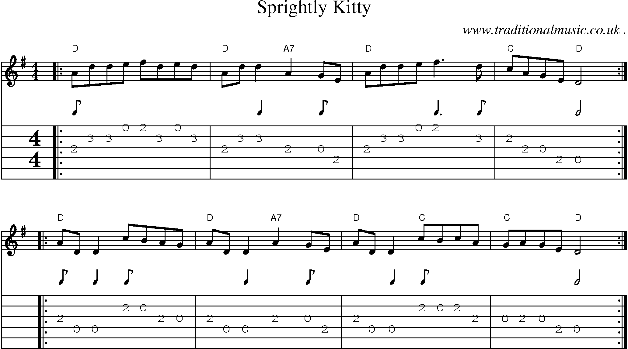 Sheet-music  score, Chords and Guitar Tabs for Sprightly Kitty