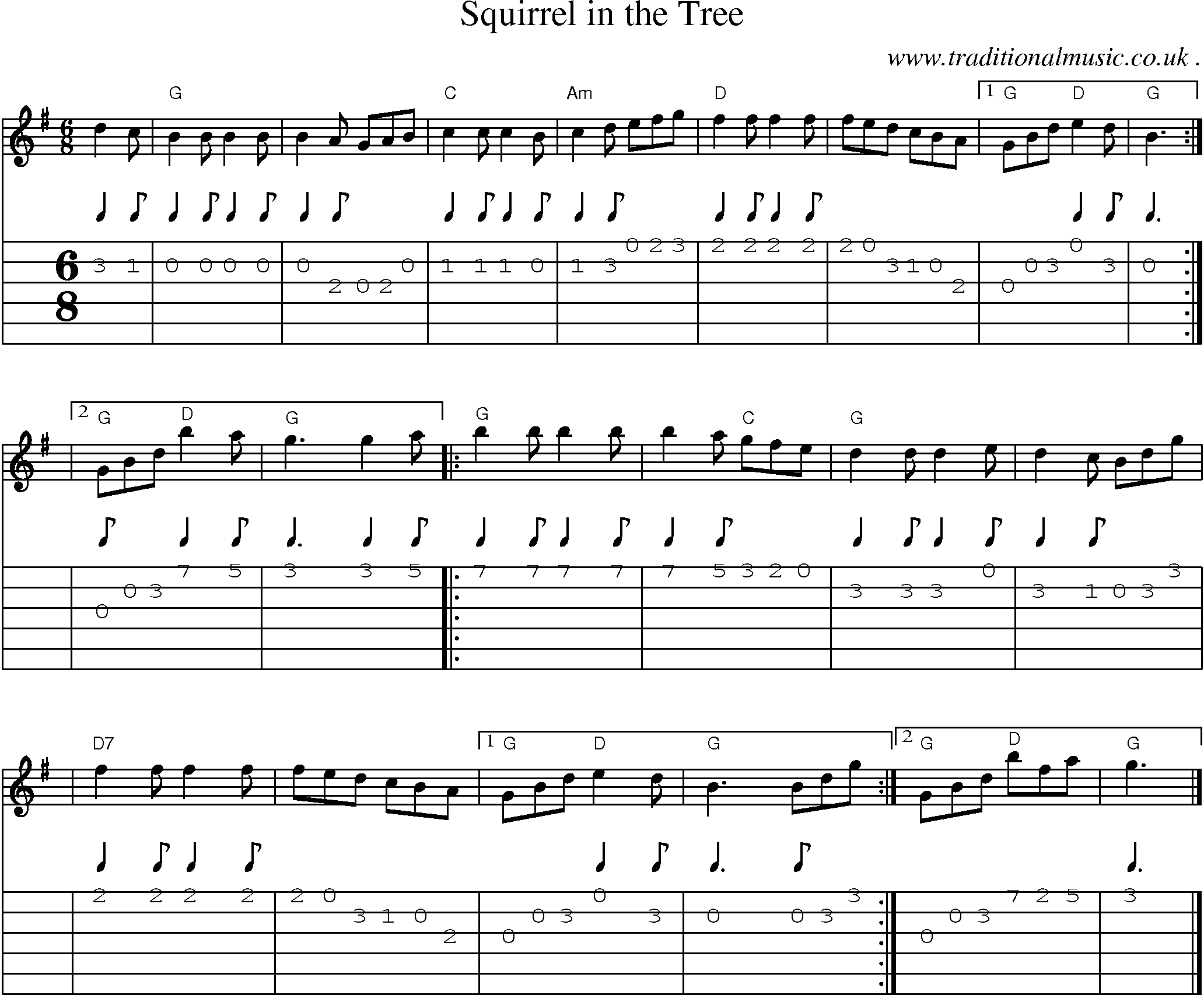 Sheet-music  score, Chords and Guitar Tabs for Squirrel In The Tree