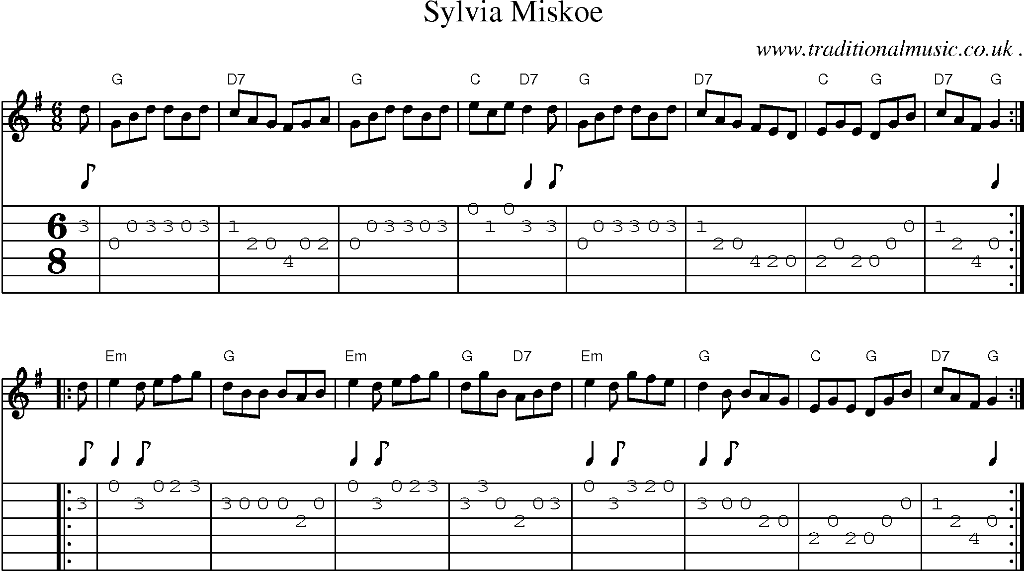 Sheet-music  score, Chords and Guitar Tabs for Sylvia Miskoe