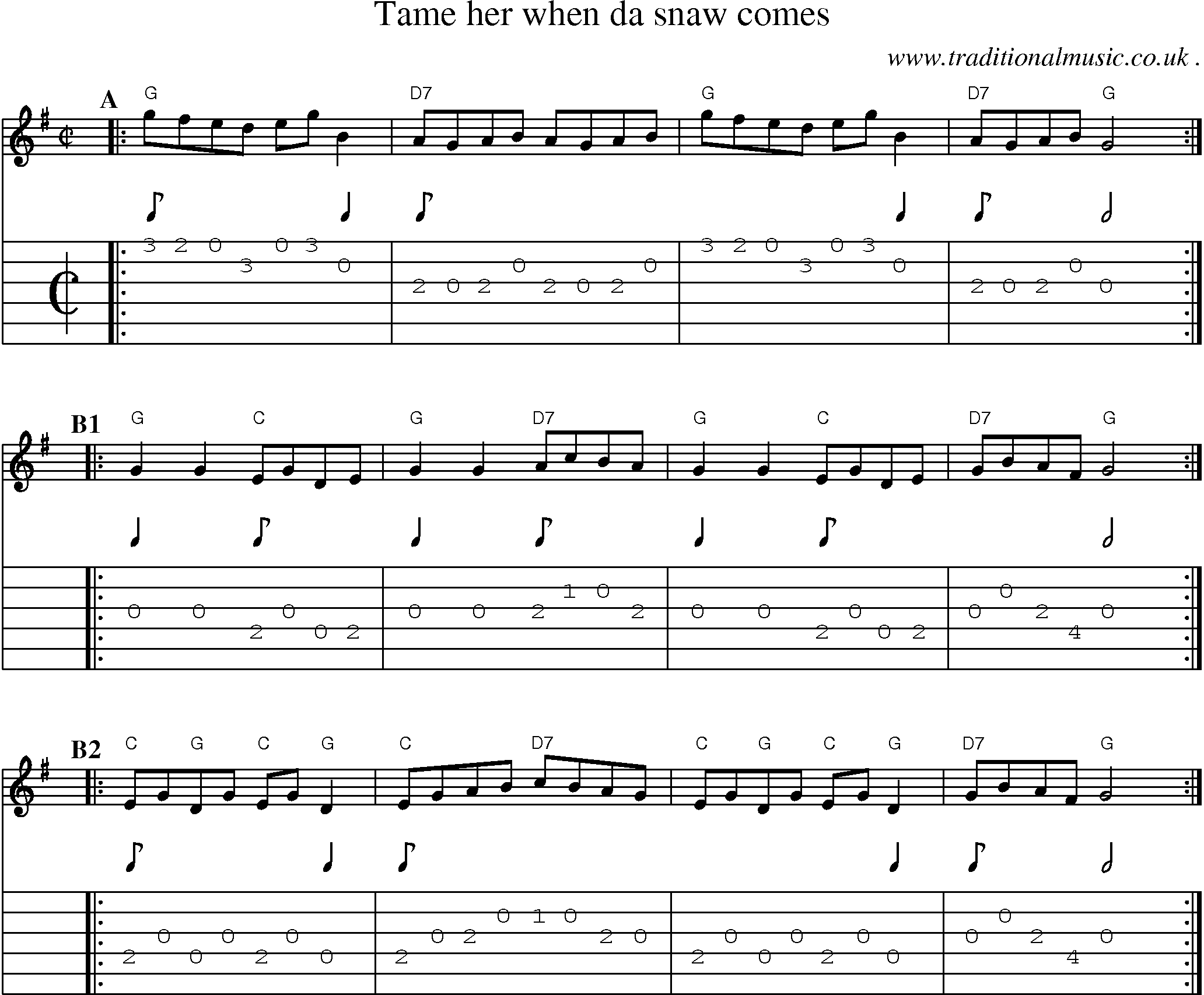 Sheet-music  score, Chords and Guitar Tabs for Tame Her When Da Snaw Comes