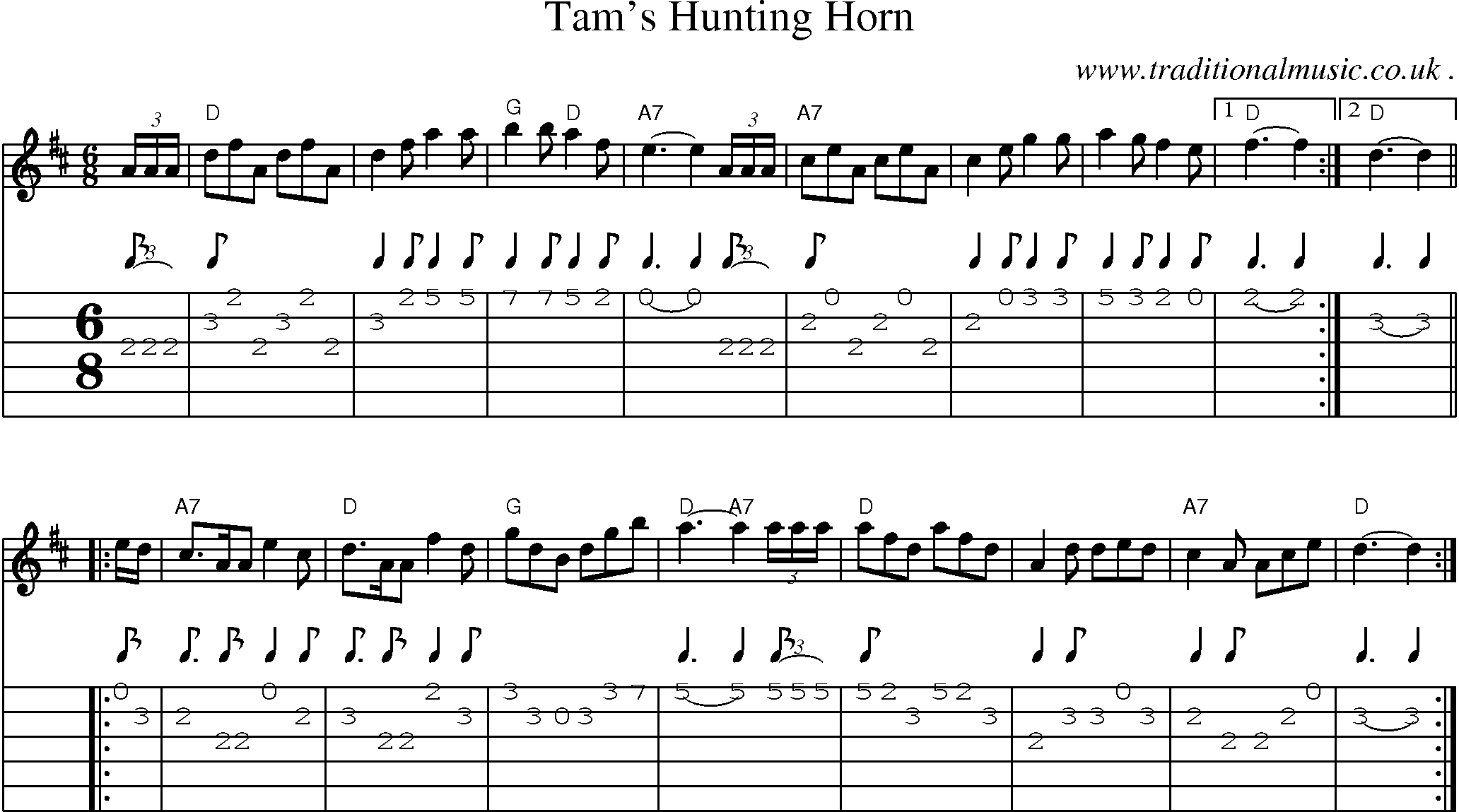 Sheet-music  score, Chords and Guitar Tabs for Tams Hunting Horn