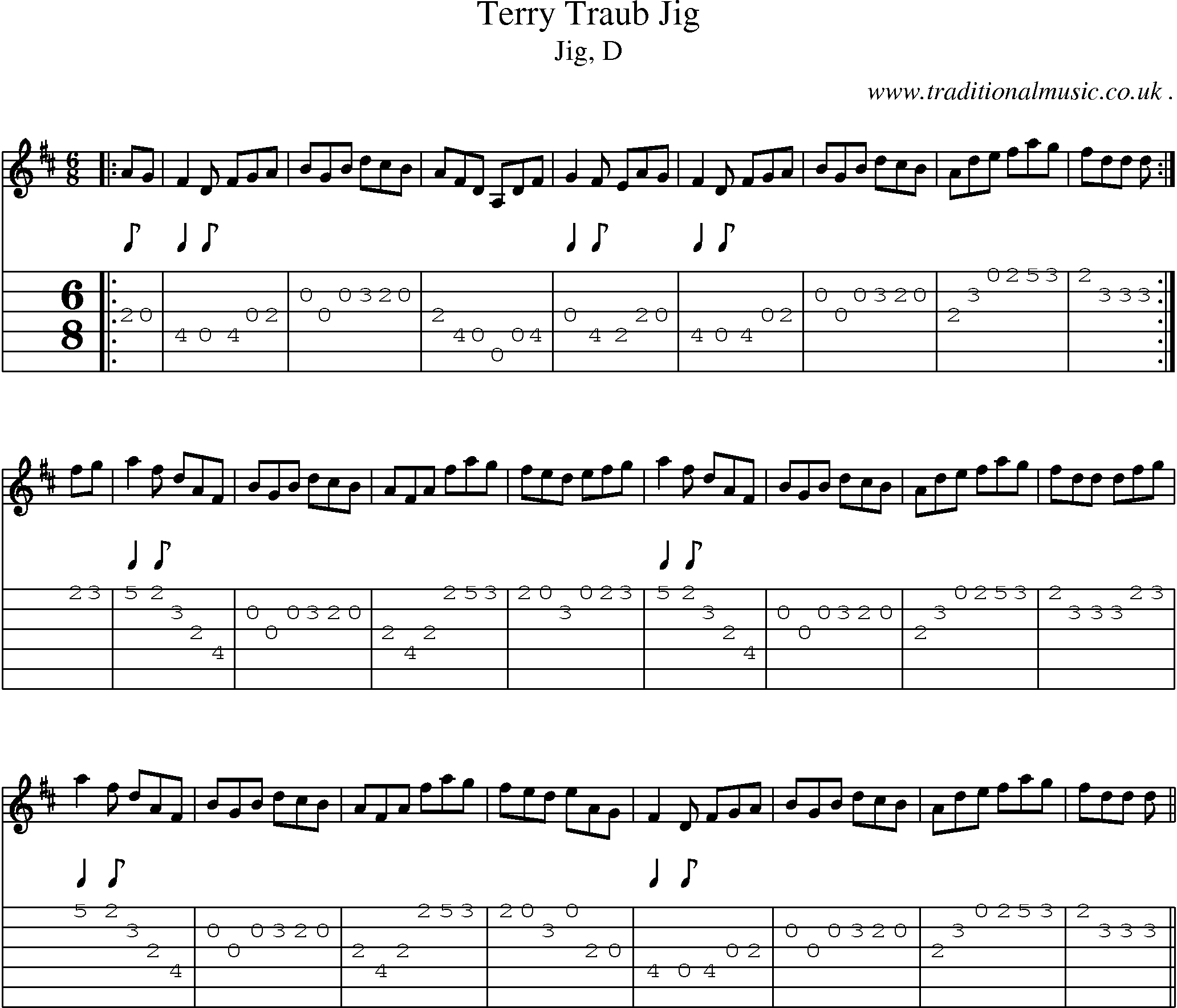 Sheet-music  score, Chords and Guitar Tabs for Terry Traub Jig
