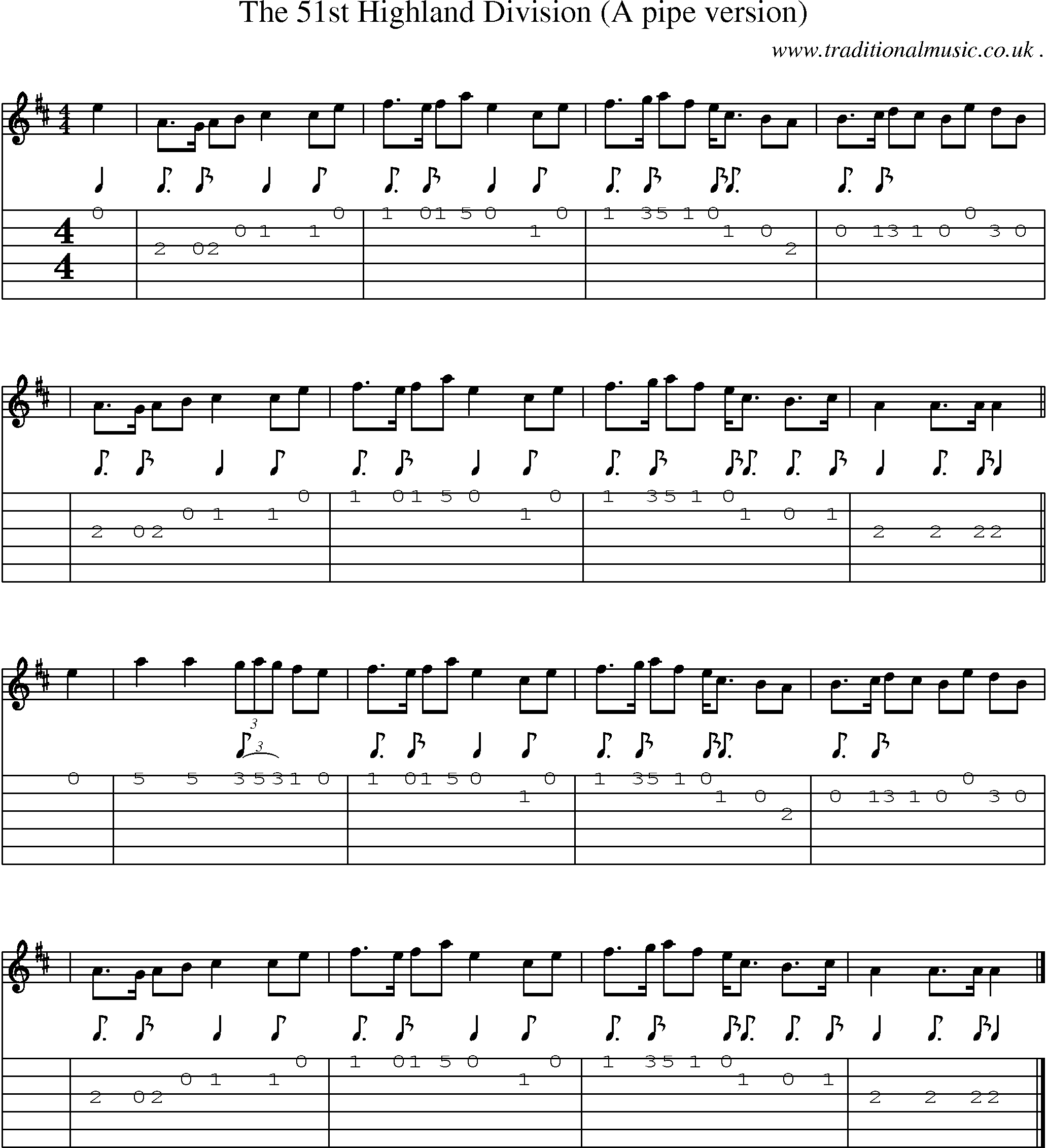 Sheet-music  score, Chords and Guitar Tabs for The 51st Highland Division A Pipe Version