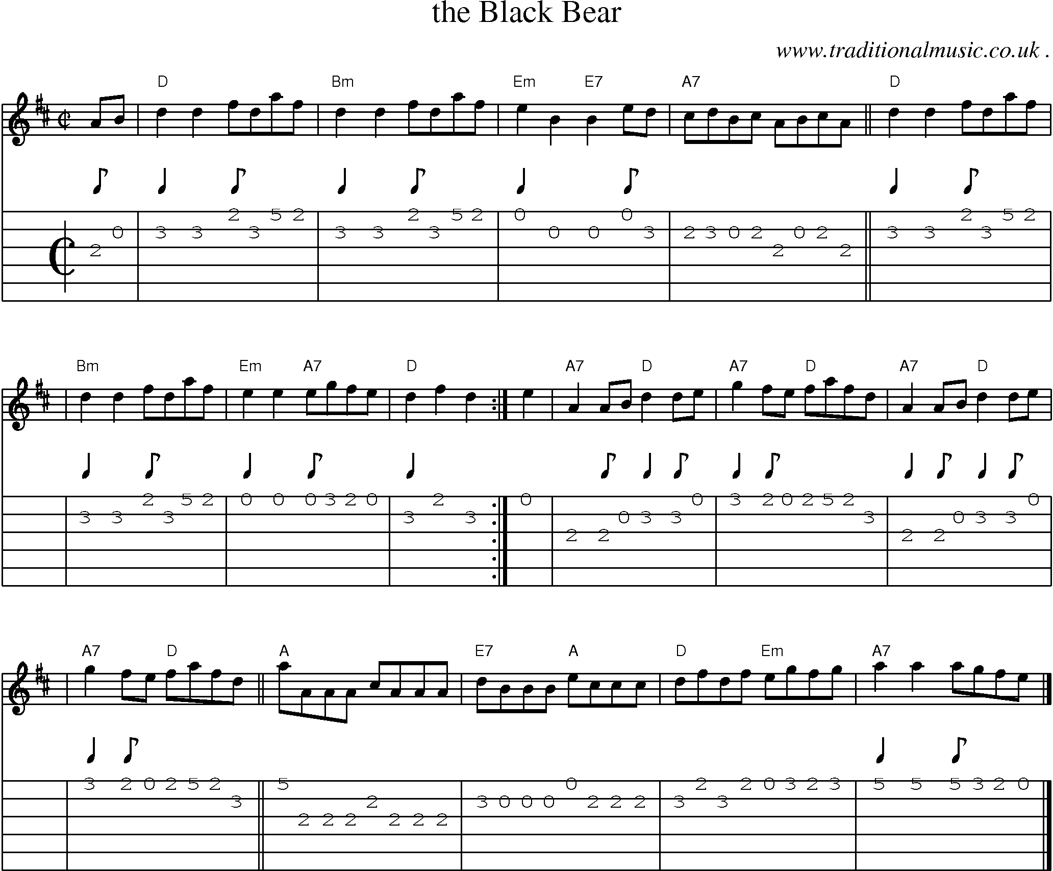 Sheet-music  score, Chords and Guitar Tabs for The Black Bear