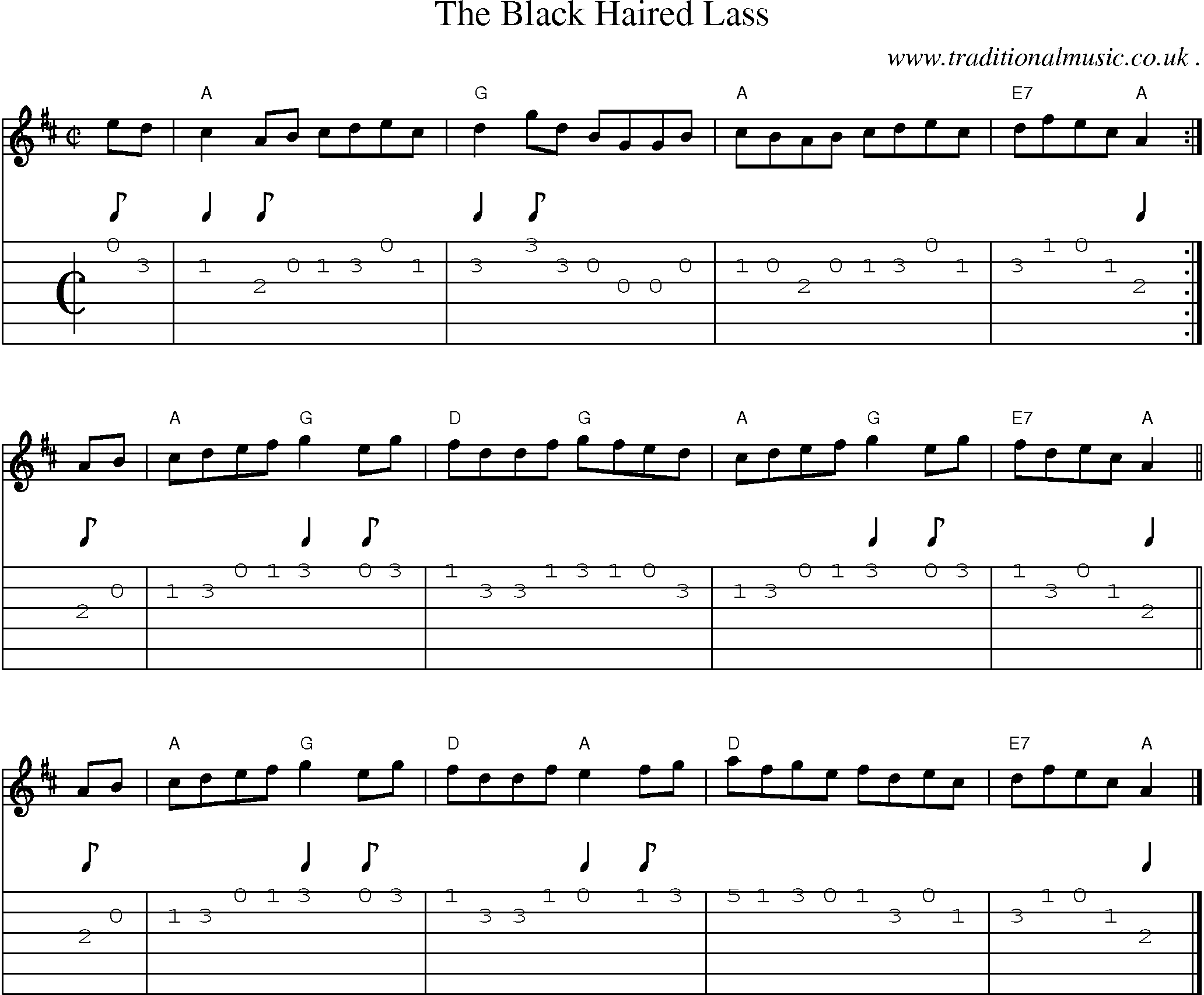 Sheet-music  score, Chords and Guitar Tabs for The Black Haired Lass
