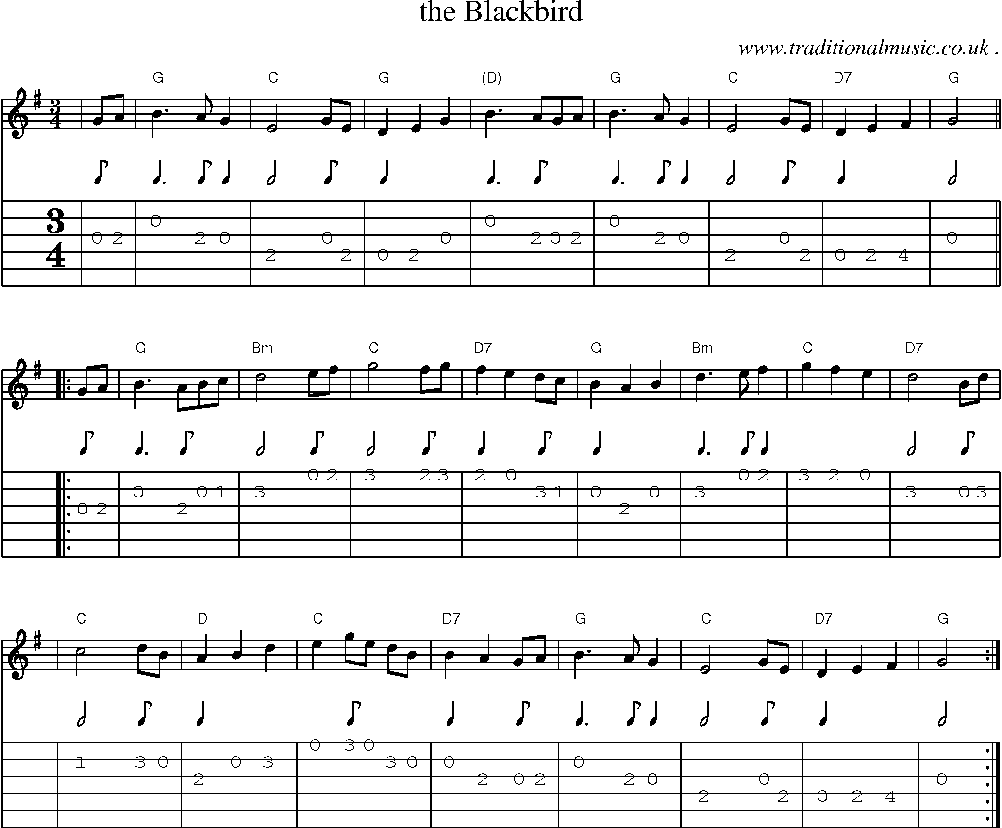Sheet-music  score, Chords and Guitar Tabs for The Blackbird