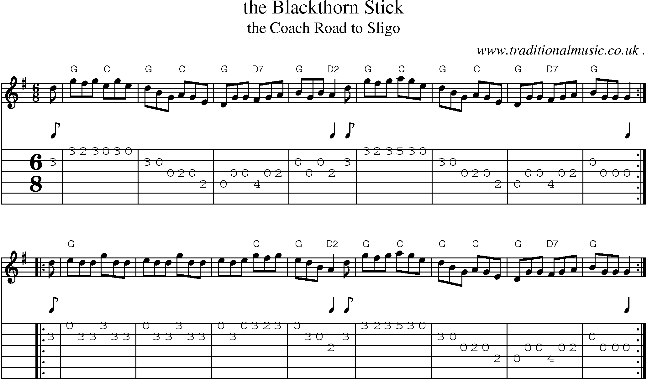 Sheet-music  score, Chords and Guitar Tabs for The Blackthorn Stick