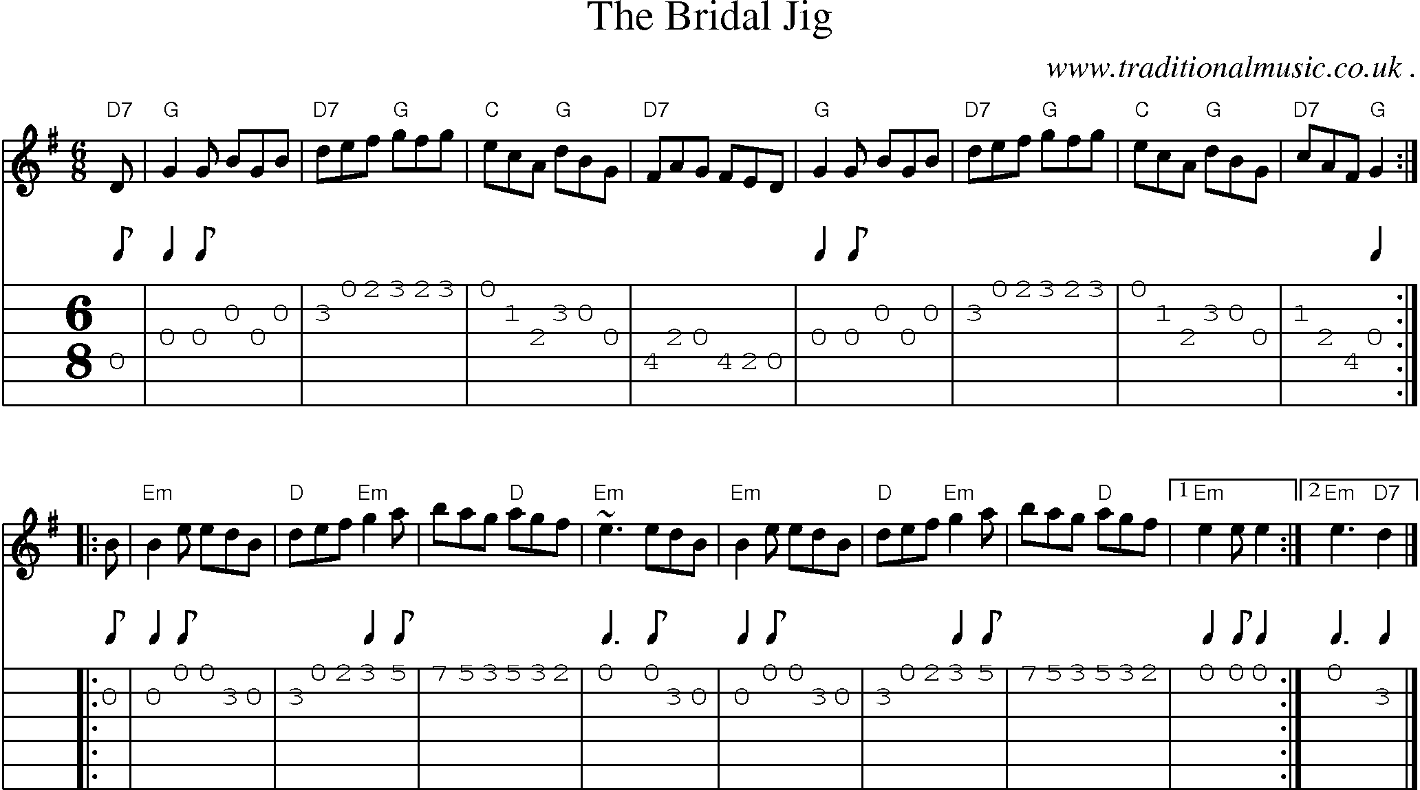 Sheet-music  score, Chords and Guitar Tabs for The Bridal Jig