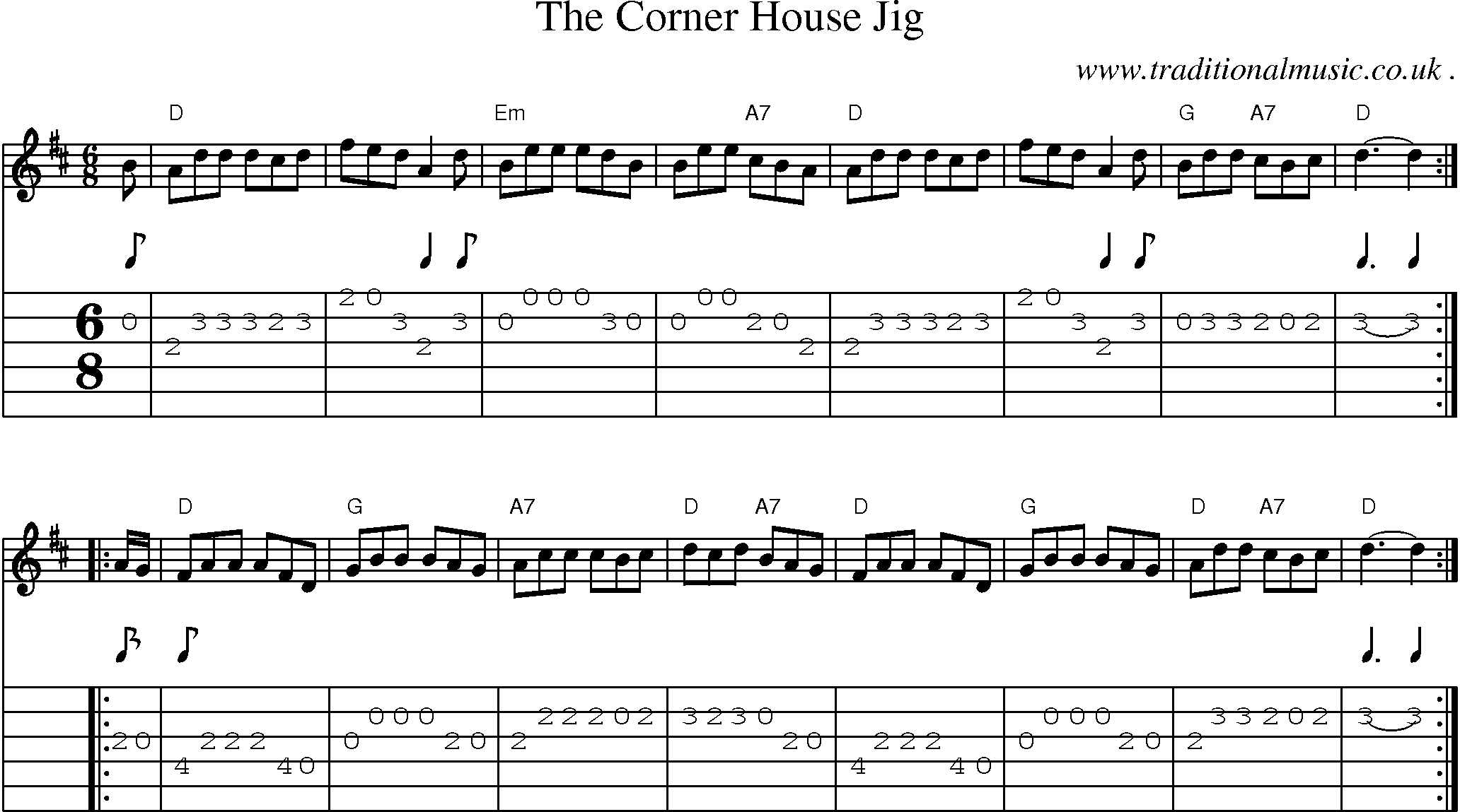 Sheet-music  score, Chords and Guitar Tabs for The Corner House Jig