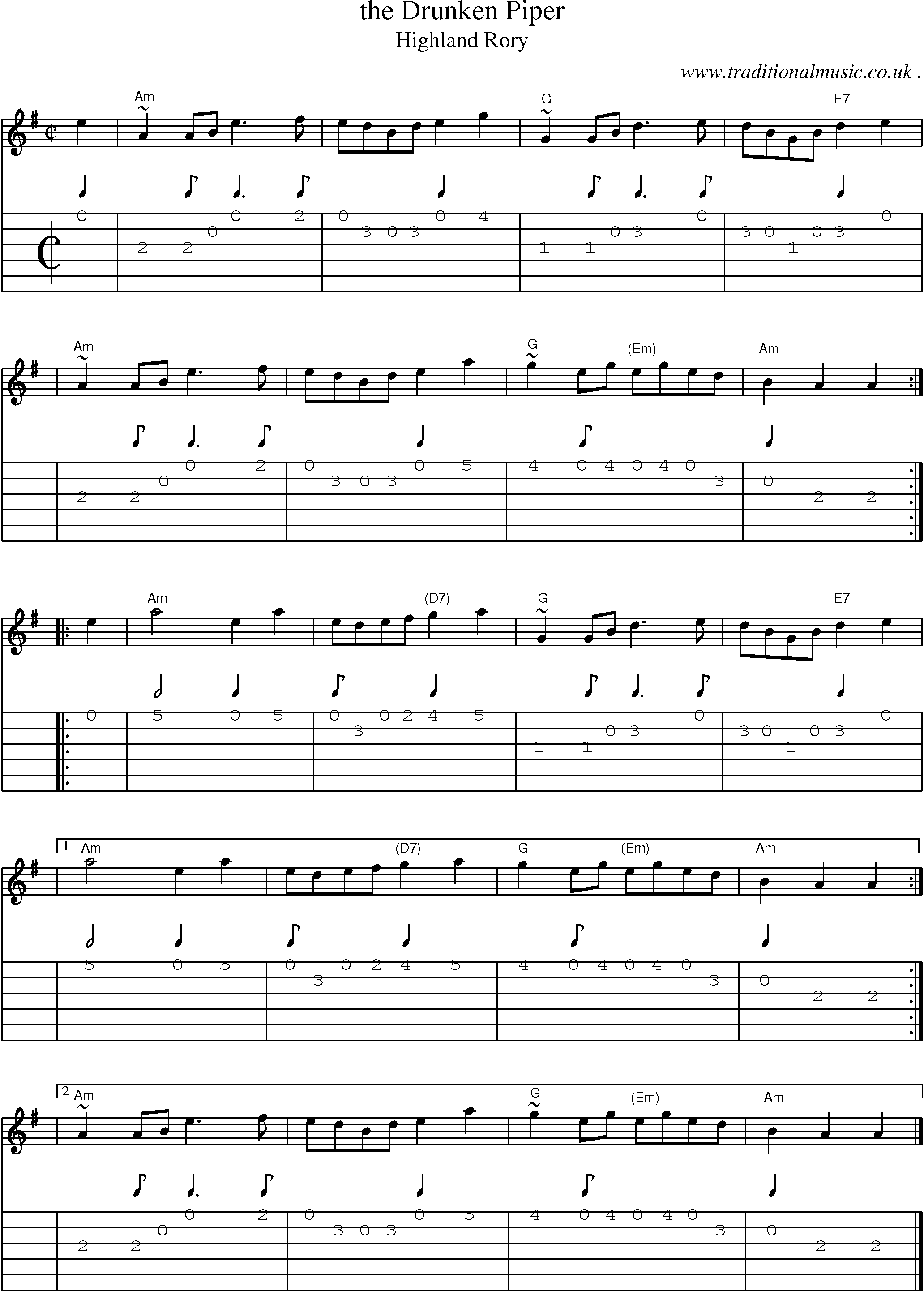 Sheet-music  score, Chords and Guitar Tabs for The Drunken Piper