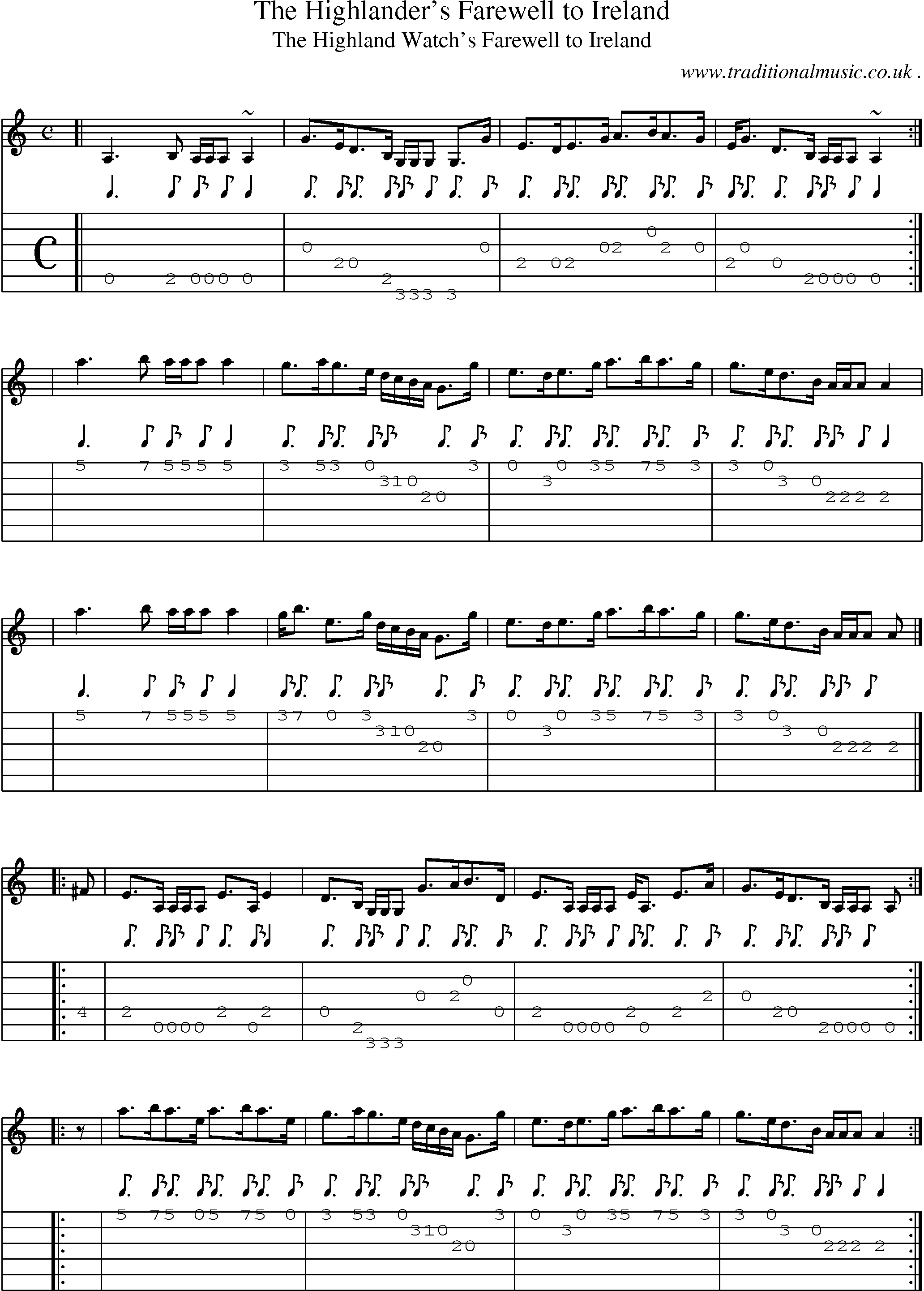 Sheet-music  score, Chords and Guitar Tabs for The Highlanders Farewell To Ireland1