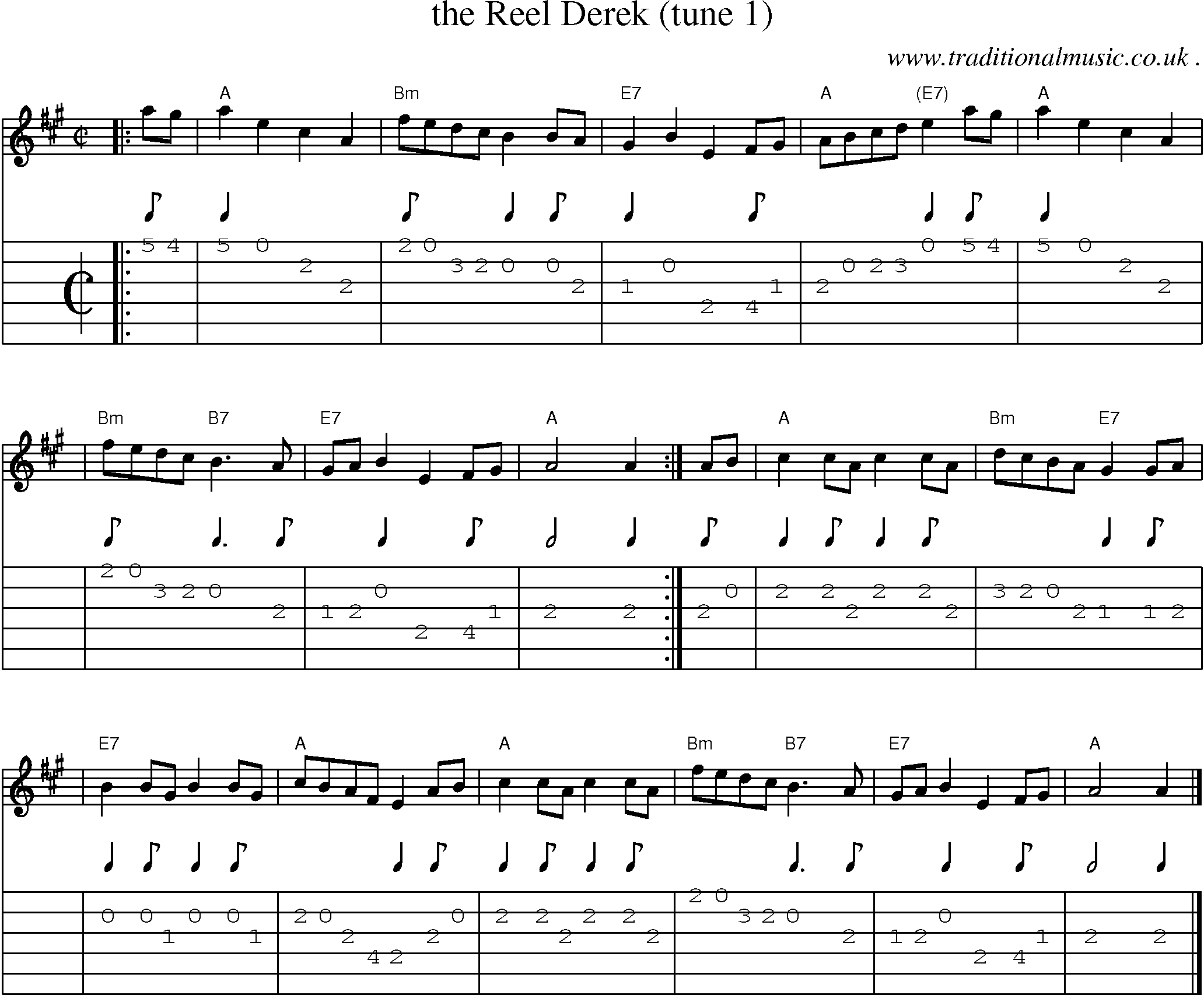 Sheet-music  score, Chords and Guitar Tabs for The Reel Derek Tune 1