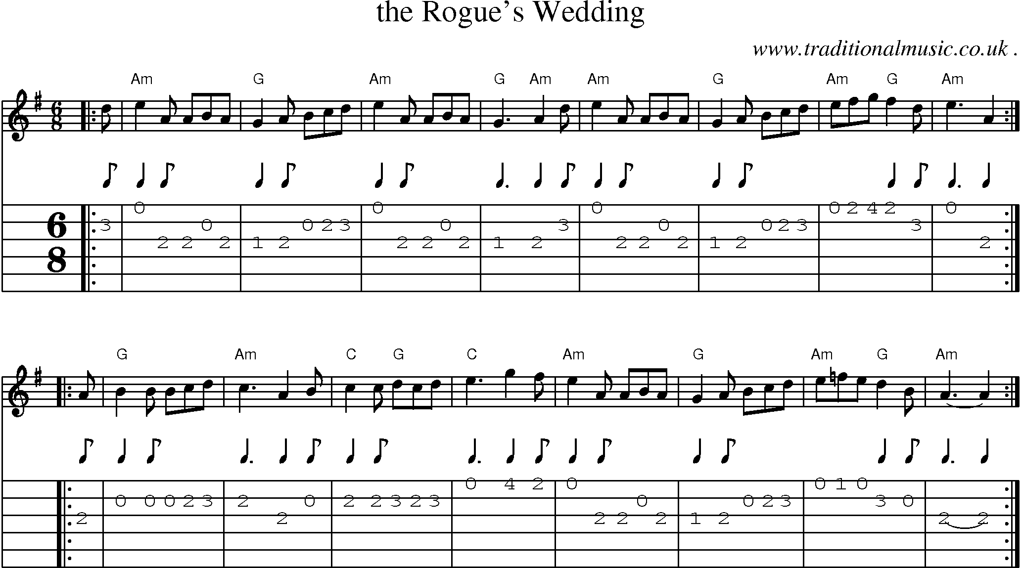 Sheet-music  score, Chords and Guitar Tabs for The Rogues Wedding
