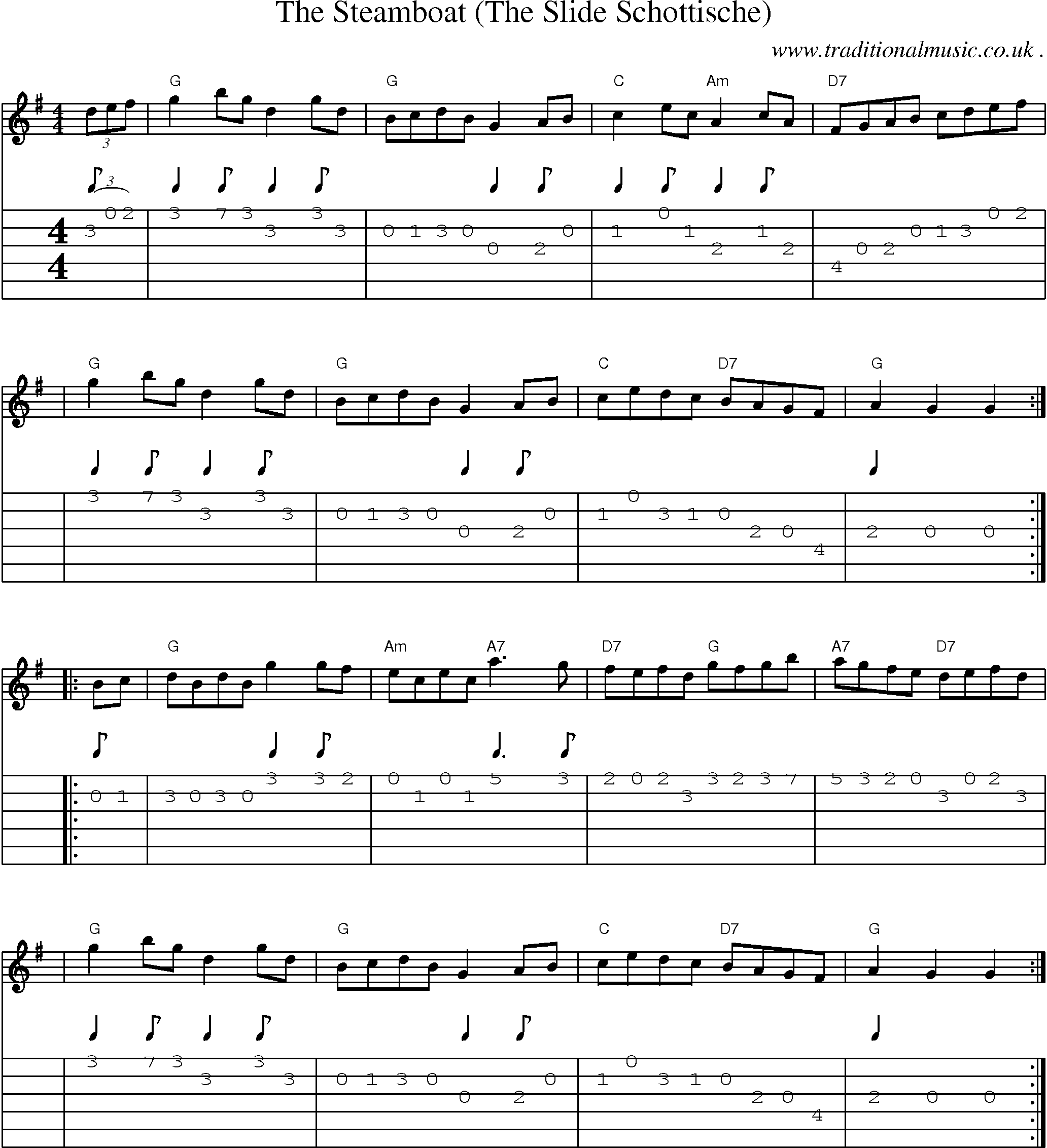 Sheet-music  score, Chords and Guitar Tabs for The Steamboat The Slide Schottische