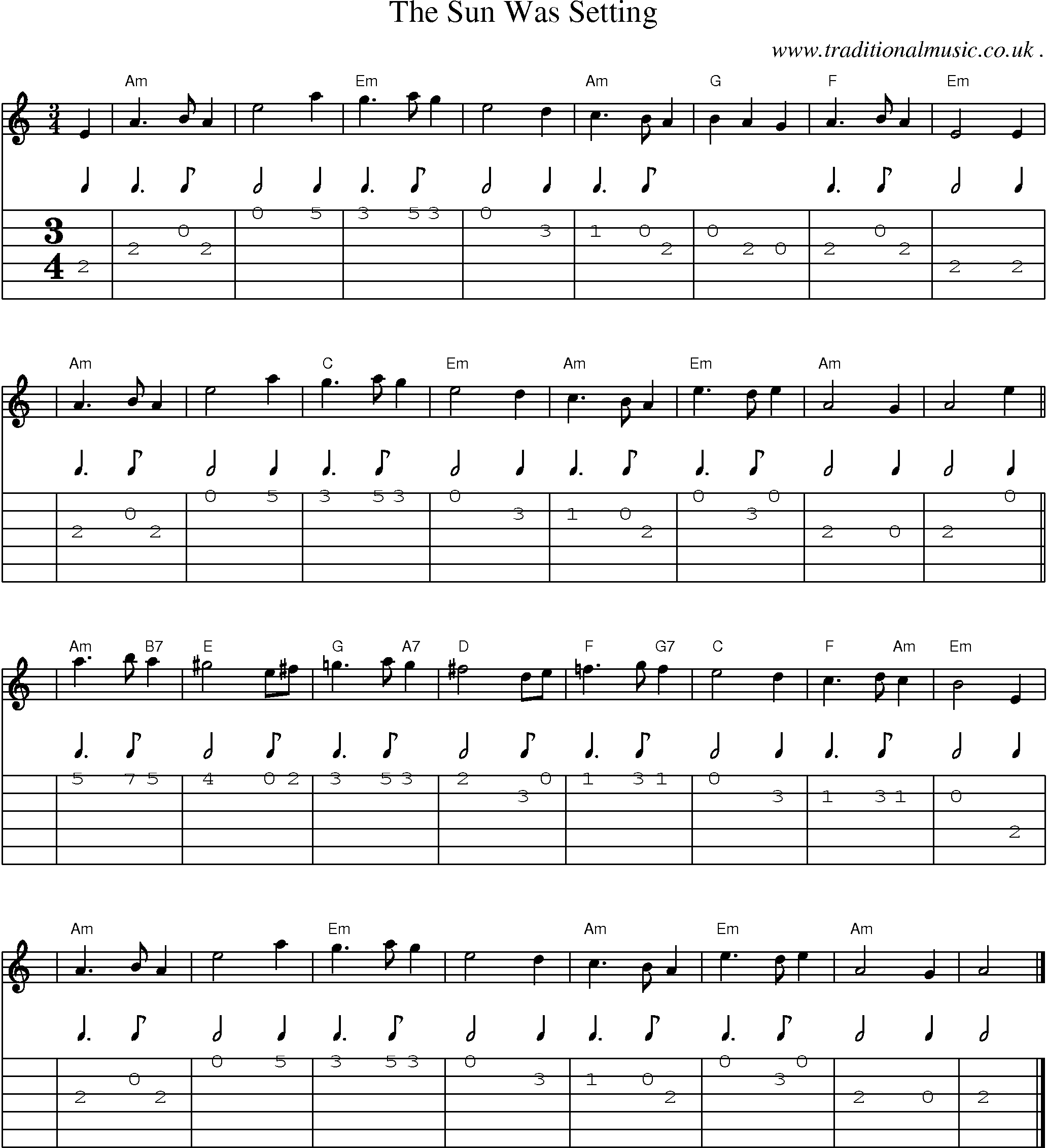 Sheet-music  score, Chords and Guitar Tabs for The Sun Was Setting