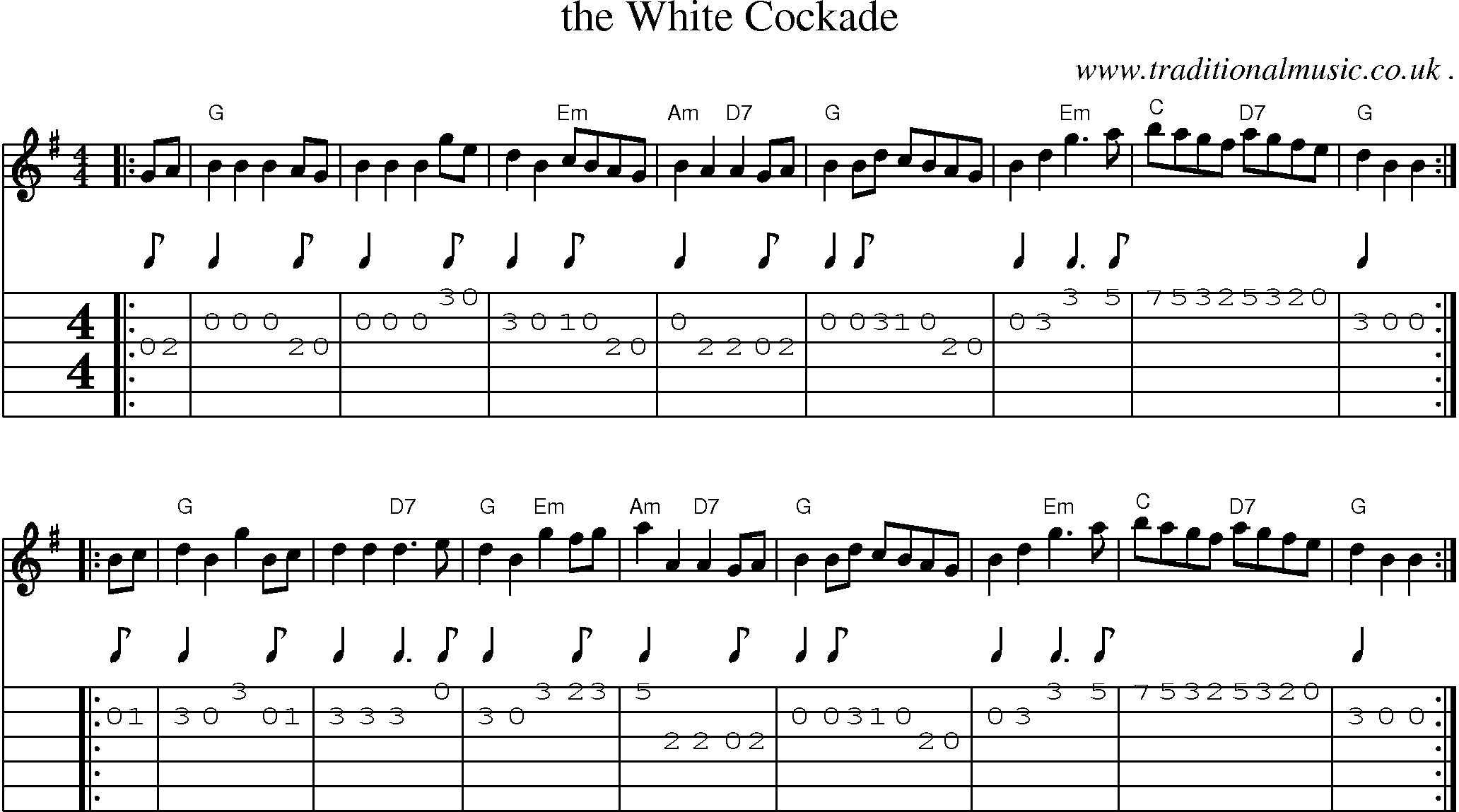 Sheet-music  score, Chords and Guitar Tabs for The White Cockade
