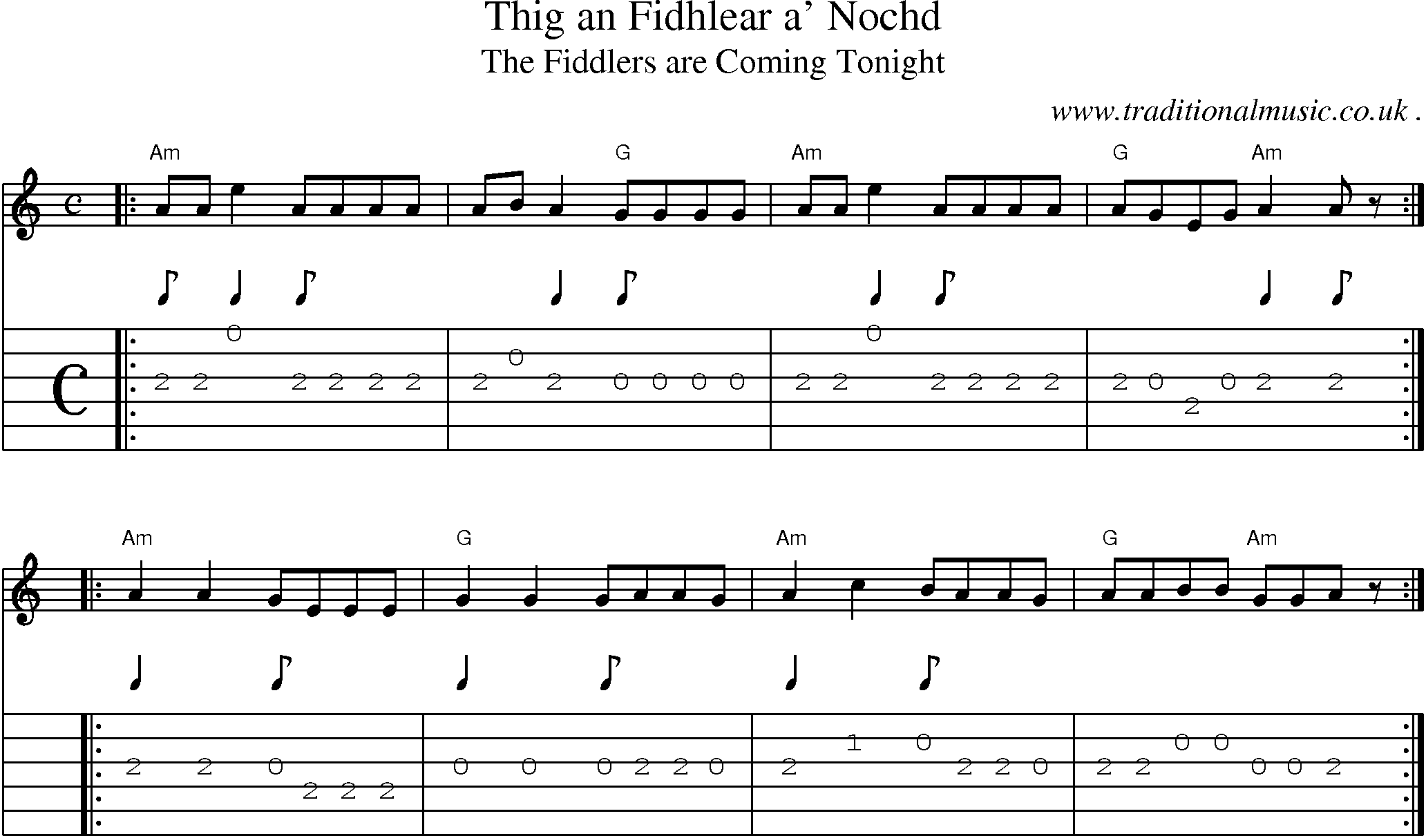 Sheet-music  score, Chords and Guitar Tabs for Thig An Fidhlear A Nochd