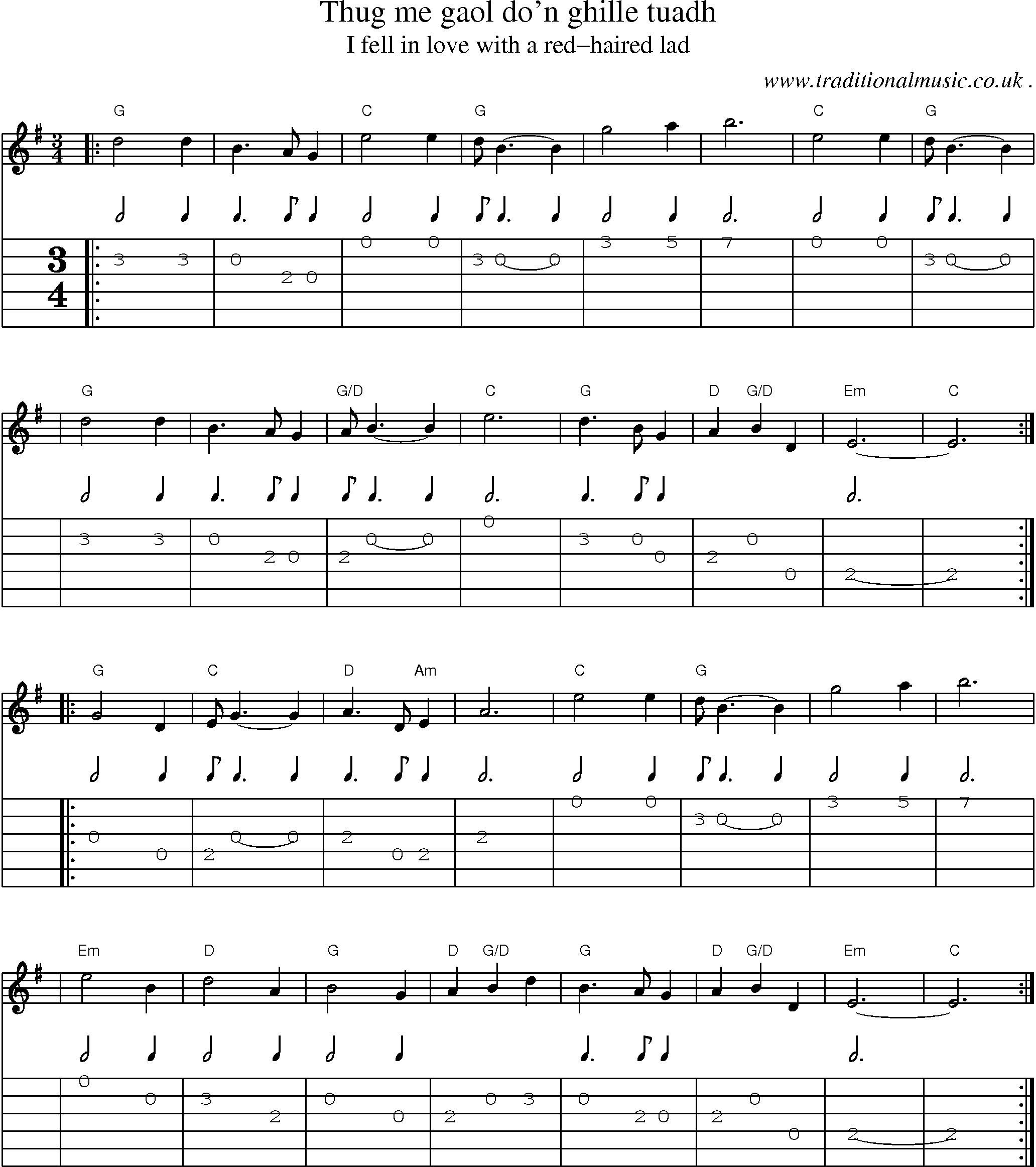 Sheet-music  score, Chords and Guitar Tabs for Thug Me Gaol Don Ghille Tuadh