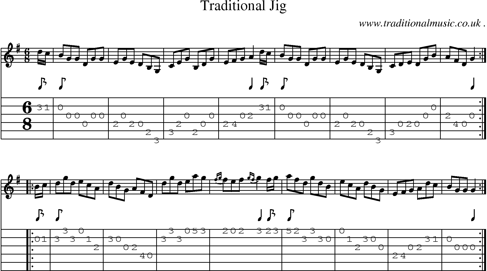 Sheet-music  score, Chords and Guitar Tabs for Traditional Jig